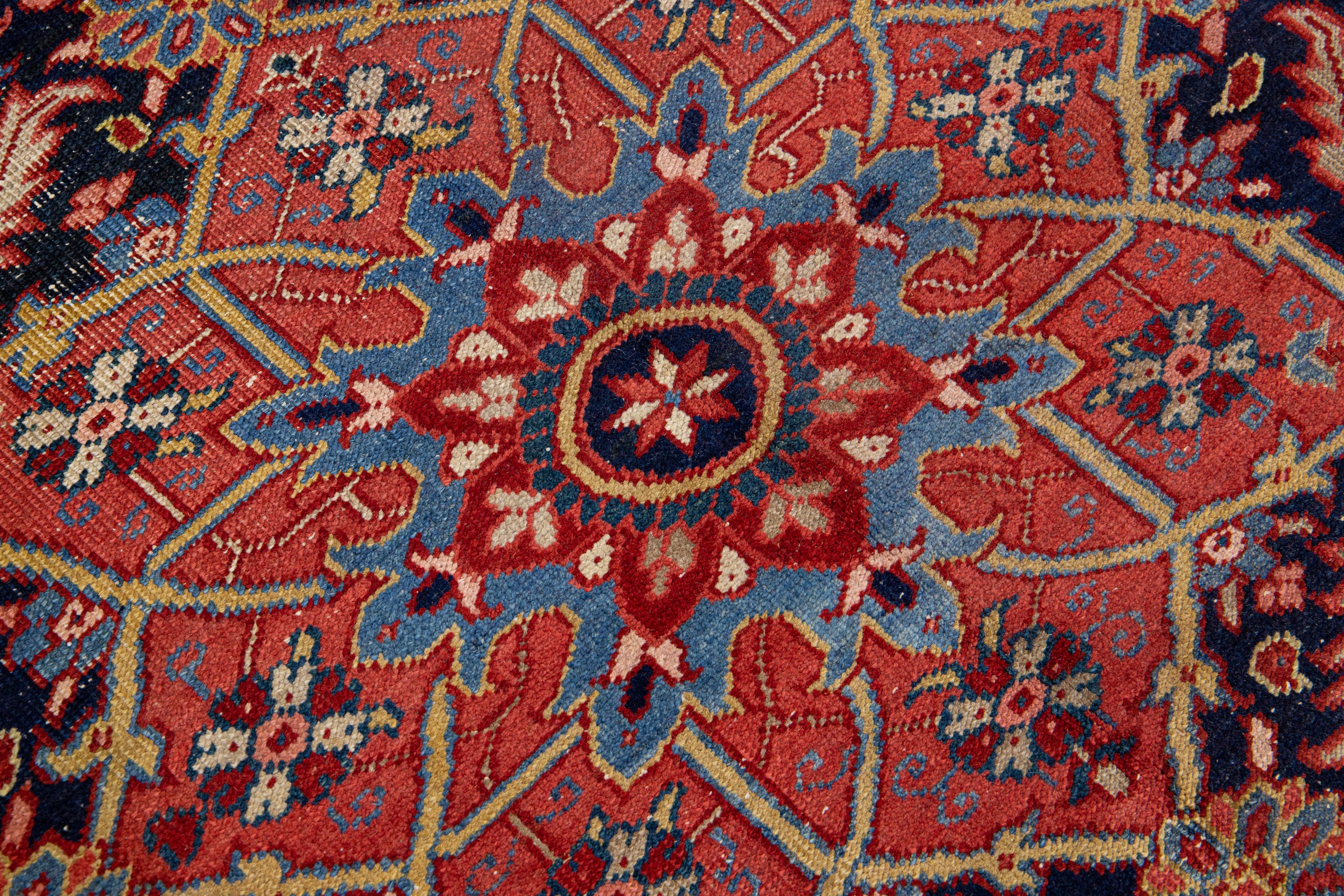 Allover Pattern Antique Persian Heriz Handmade Red Wool Rug In Distressed Condition For Sale In Norwalk, CT
