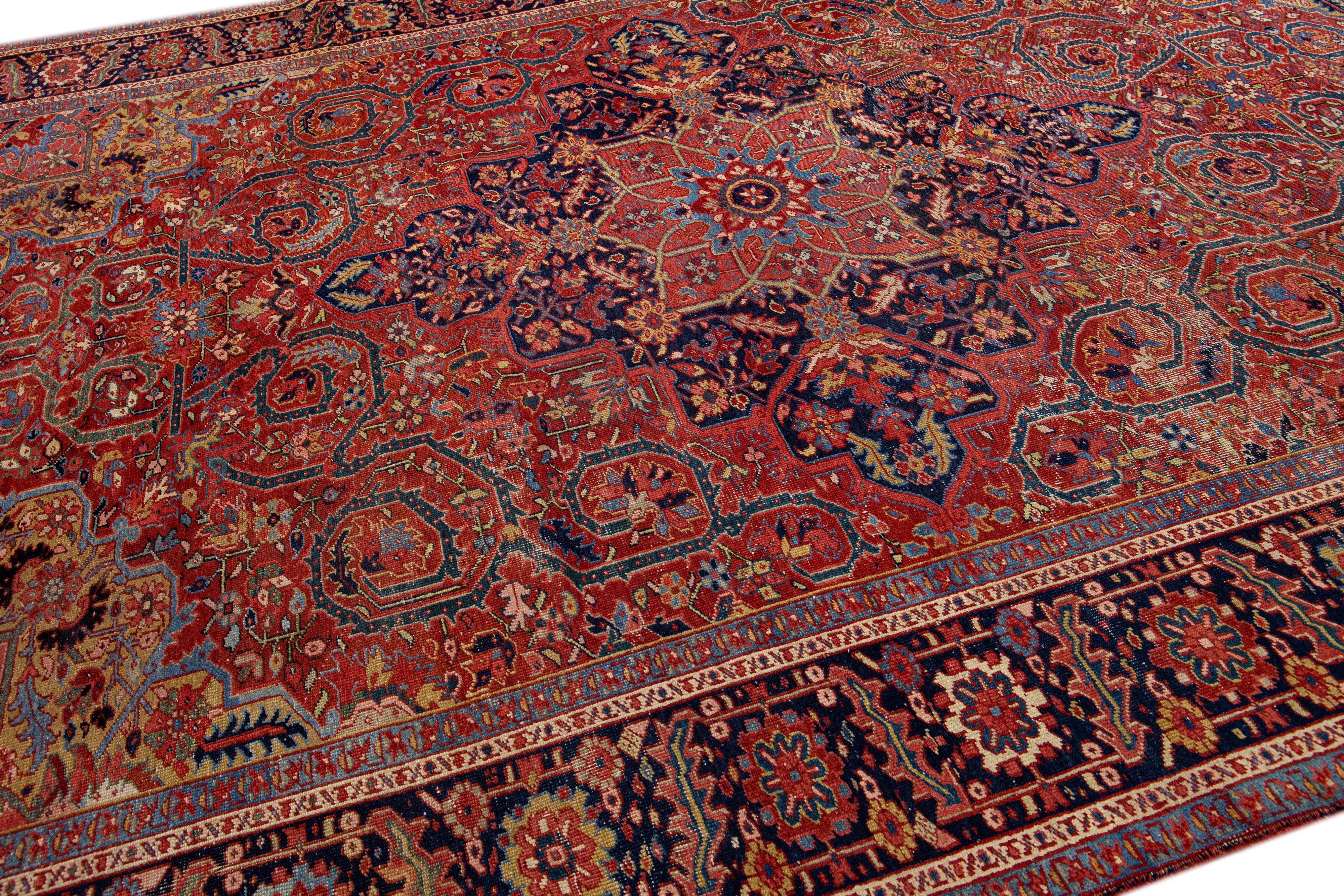 Early 20th Century Allover Pattern Antique Persian Heriz Handmade Red Wool Rug For Sale