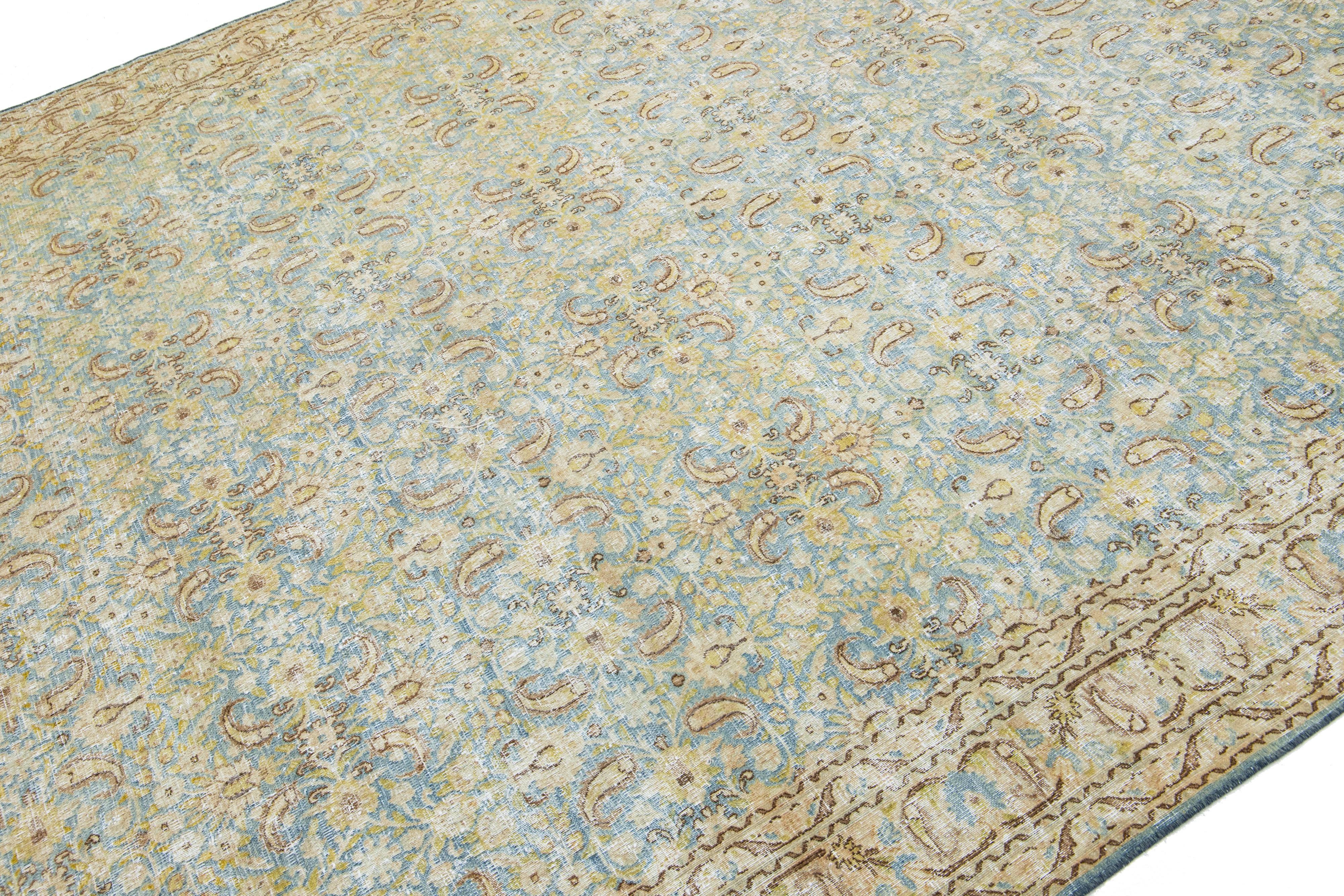 Hand-Knotted  Allover Pattern Antique Persian Tabriz Wool Rug In Blue For Sale