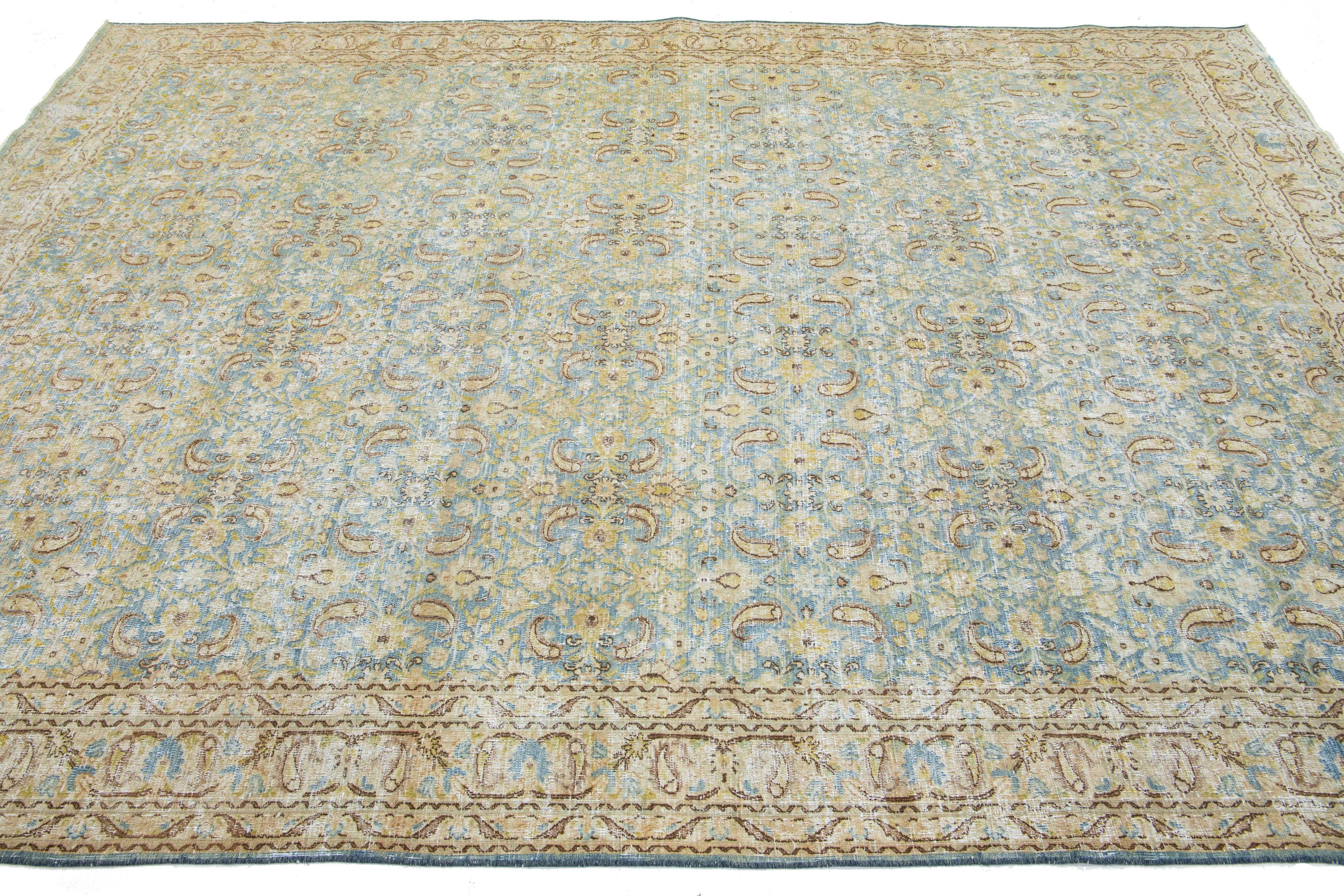  Allover Pattern Antique Persian Tabriz Wool Rug In Blue In Good Condition For Sale In Norwalk, CT
