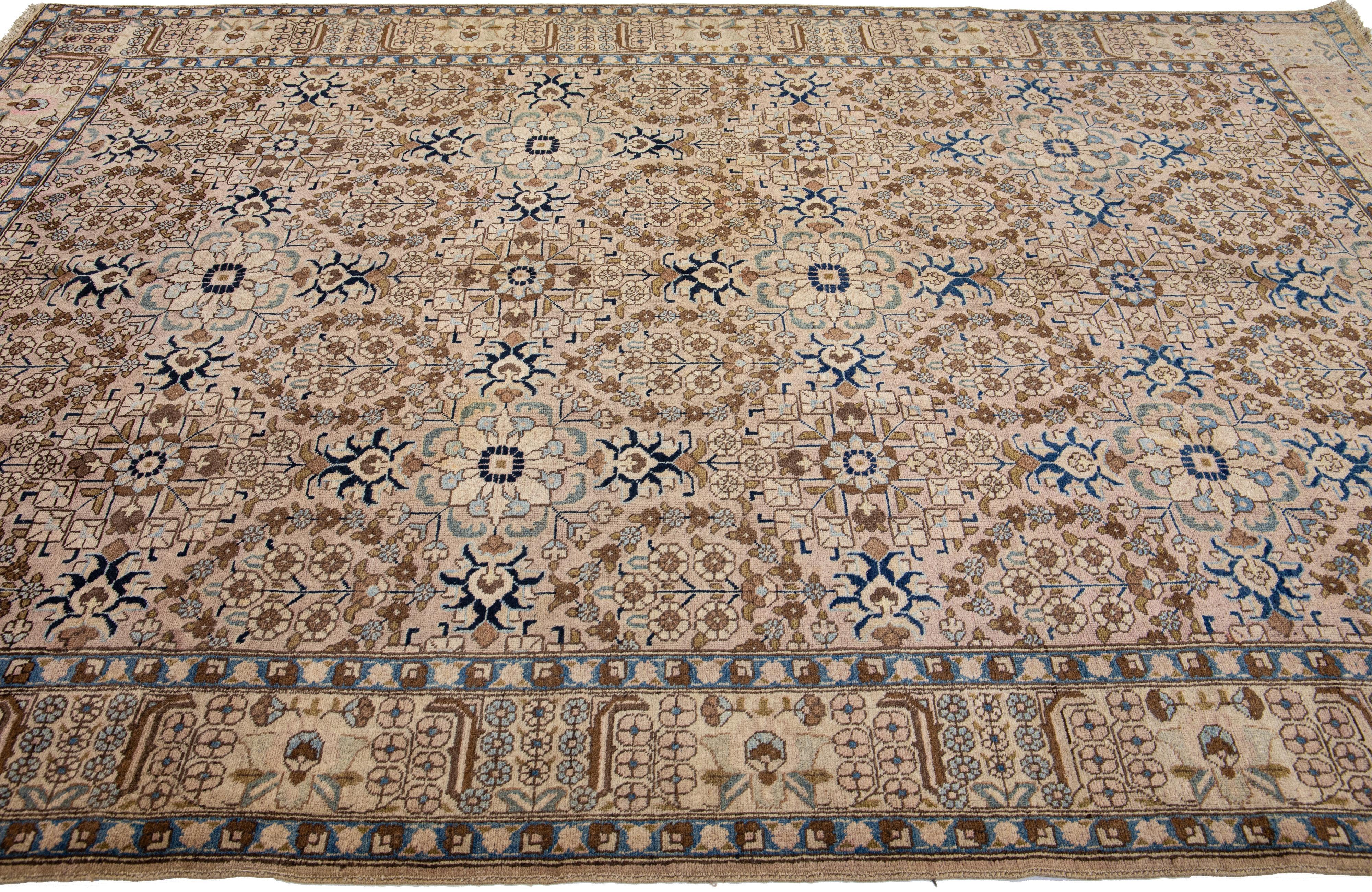 Hand-Knotted Allover Pattern Vintage Tabriz Handmade Peach Wool Rug For Sale
