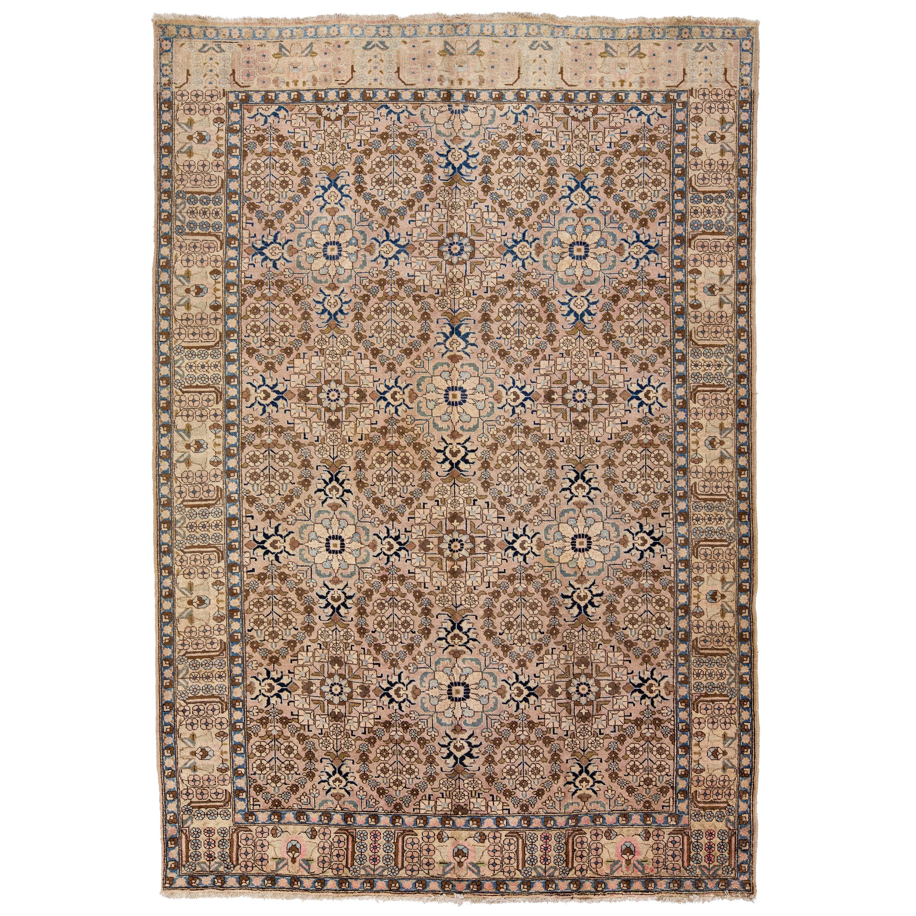 Tapis vintage Tabriz en laine pêche à motifs intégraux faits à la main