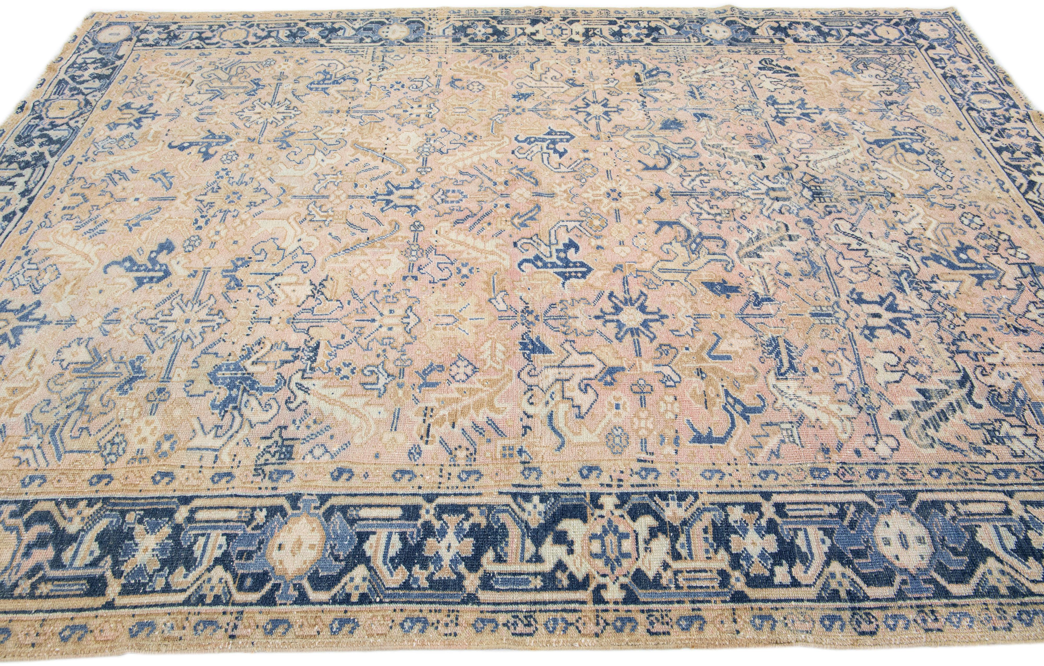 Hand-Knotted Allover Persian Antique Heriz Peach Wool Rug For Sale