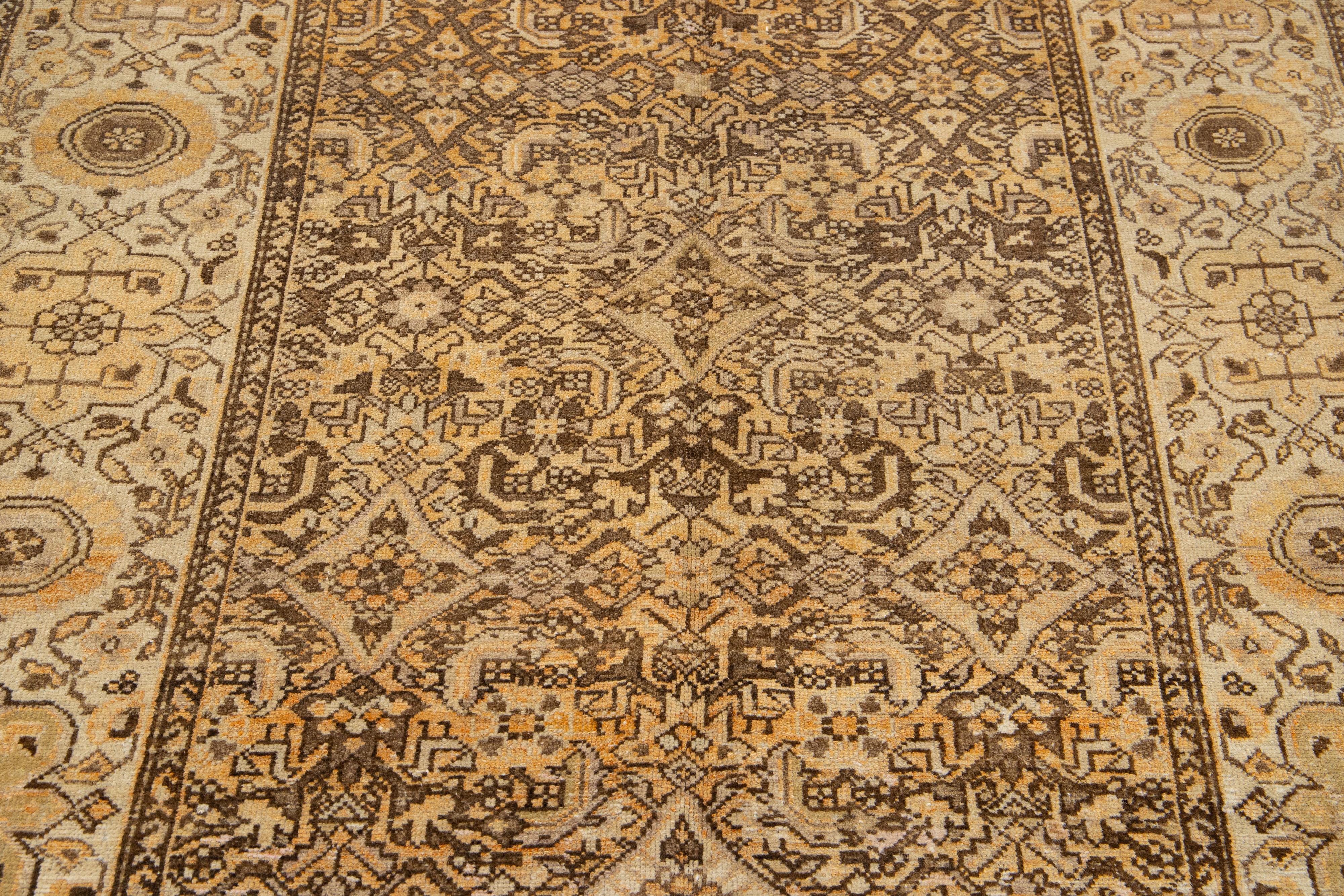Allover Persian Malayer  Wool Rug From the 1920s In Orange and Beige For Sale 1