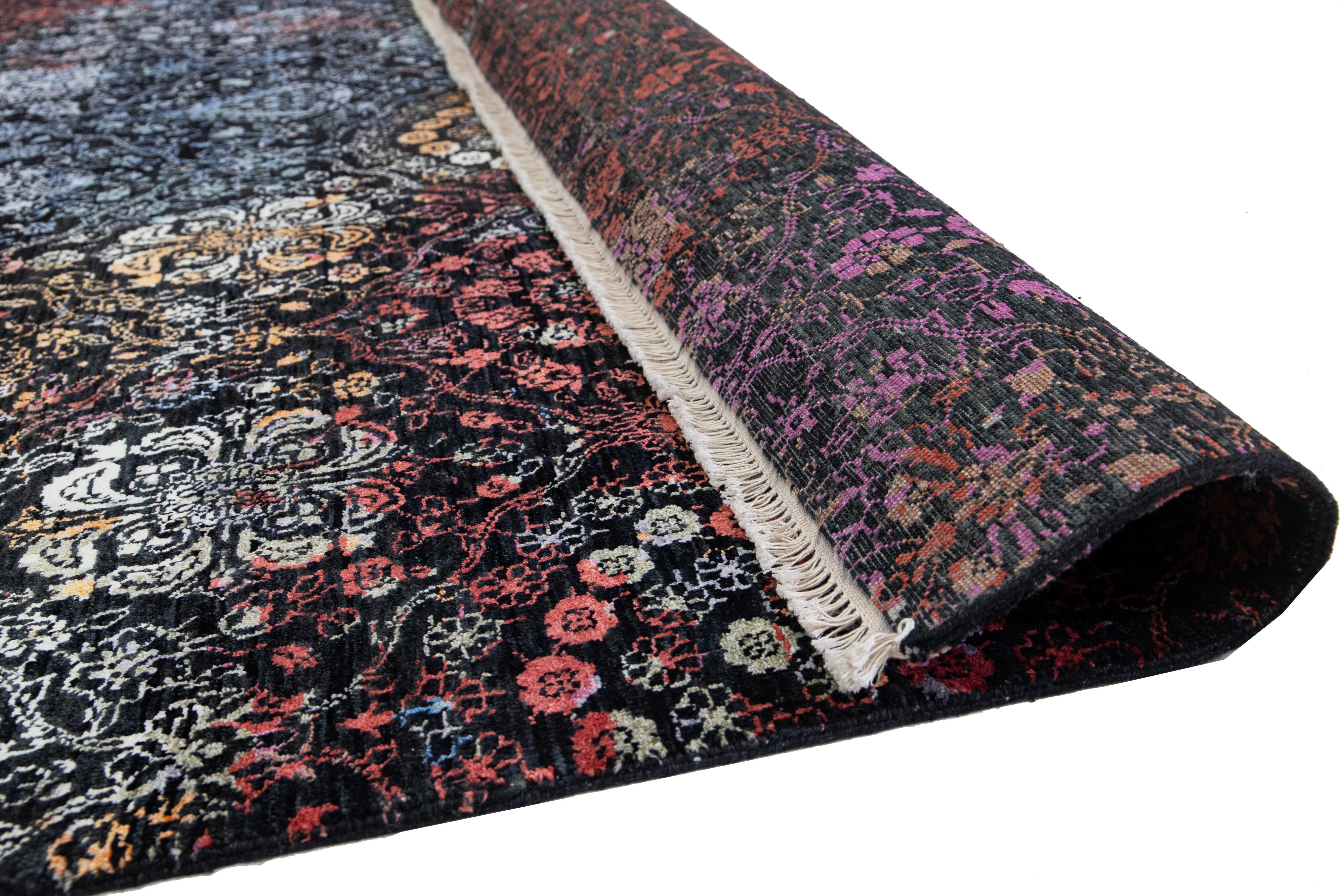 Islamic Allover Transitional Room Size Black Wool Rug  Designed In Blue & Red Colors  For Sale