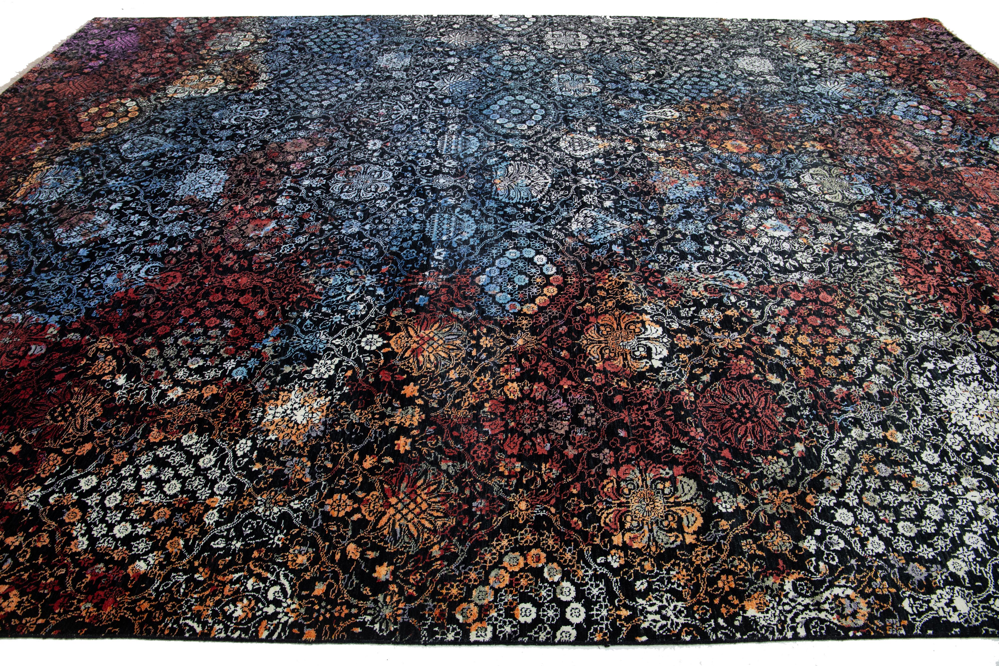 Hand-Knotted Allover Transitional Room Size Black Wool Rug  Designed In Blue & Red Colors  For Sale