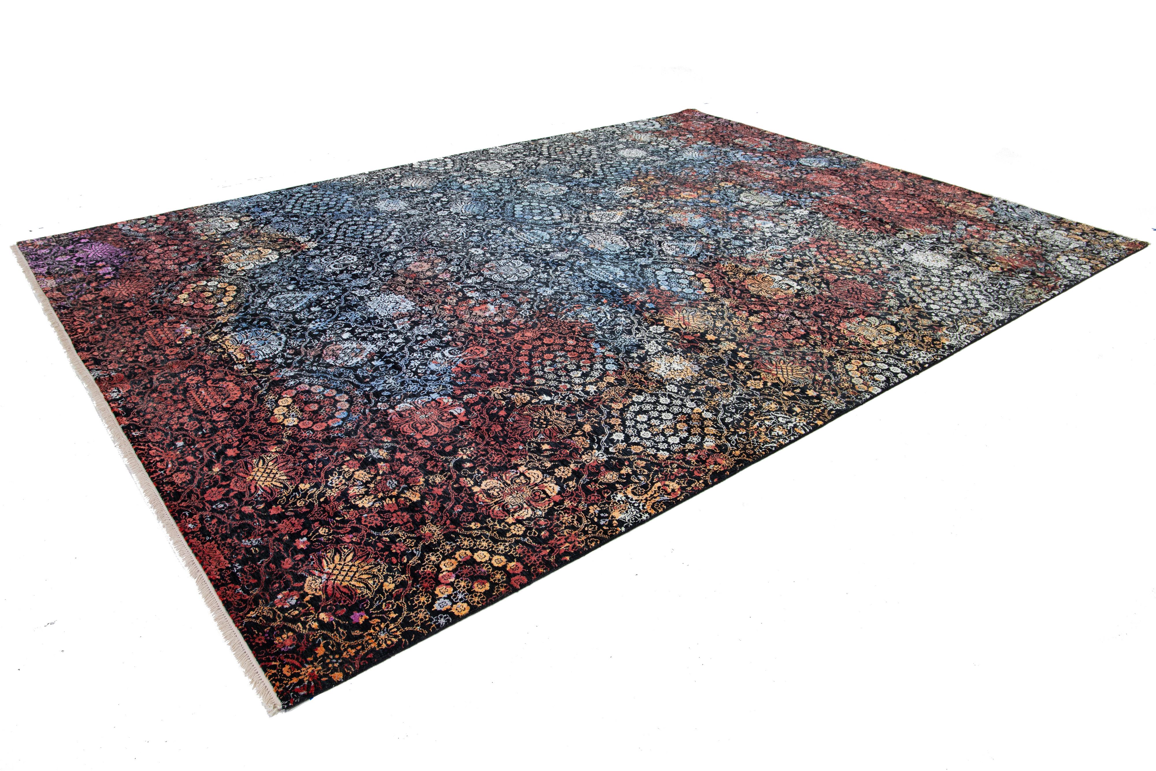 Allover Transitional Room Size Black Wool Rug  Designed In Blue & Red Colors  In New Condition For Sale In Norwalk, CT