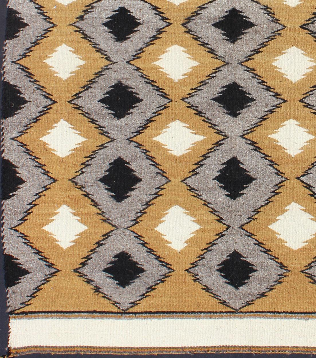 American Allover Tribal Navajo Kilim with Gold, Gray and Black For Sale