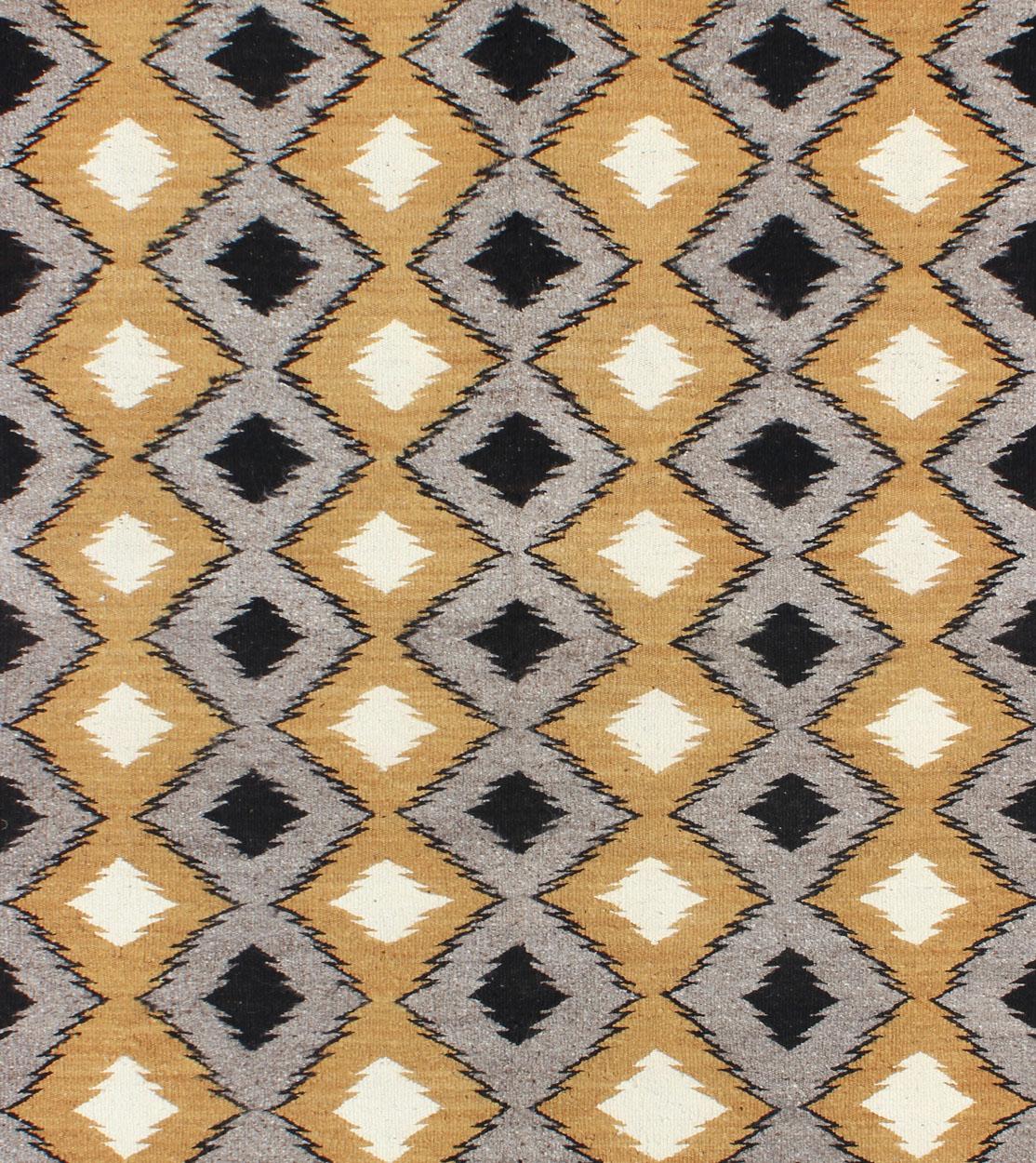 Hand-Woven Allover Tribal Navajo Kilim with Gold, Gray and Black For Sale