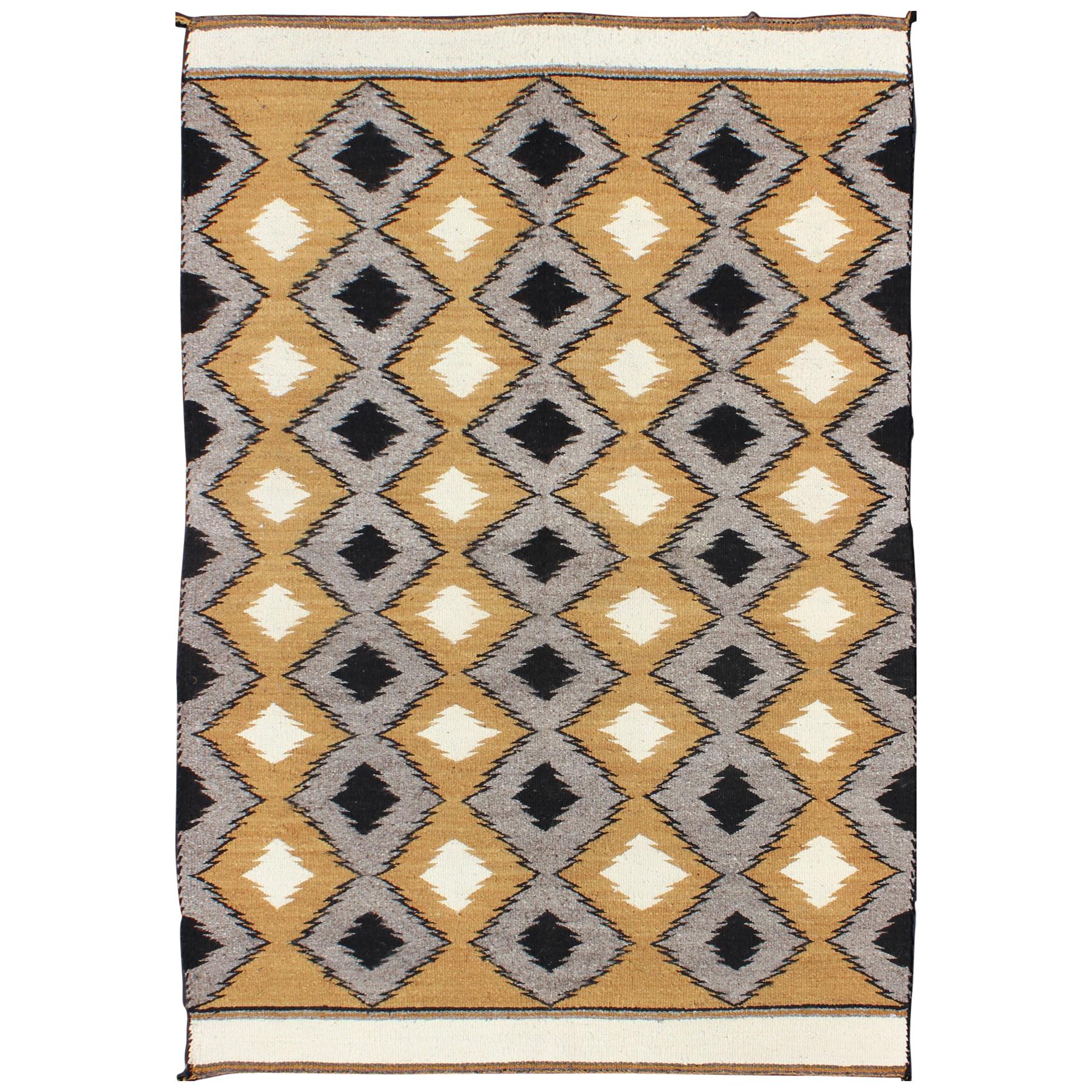 Allover Tribal Navajo Kilim with Gold, Gray and Black For Sale