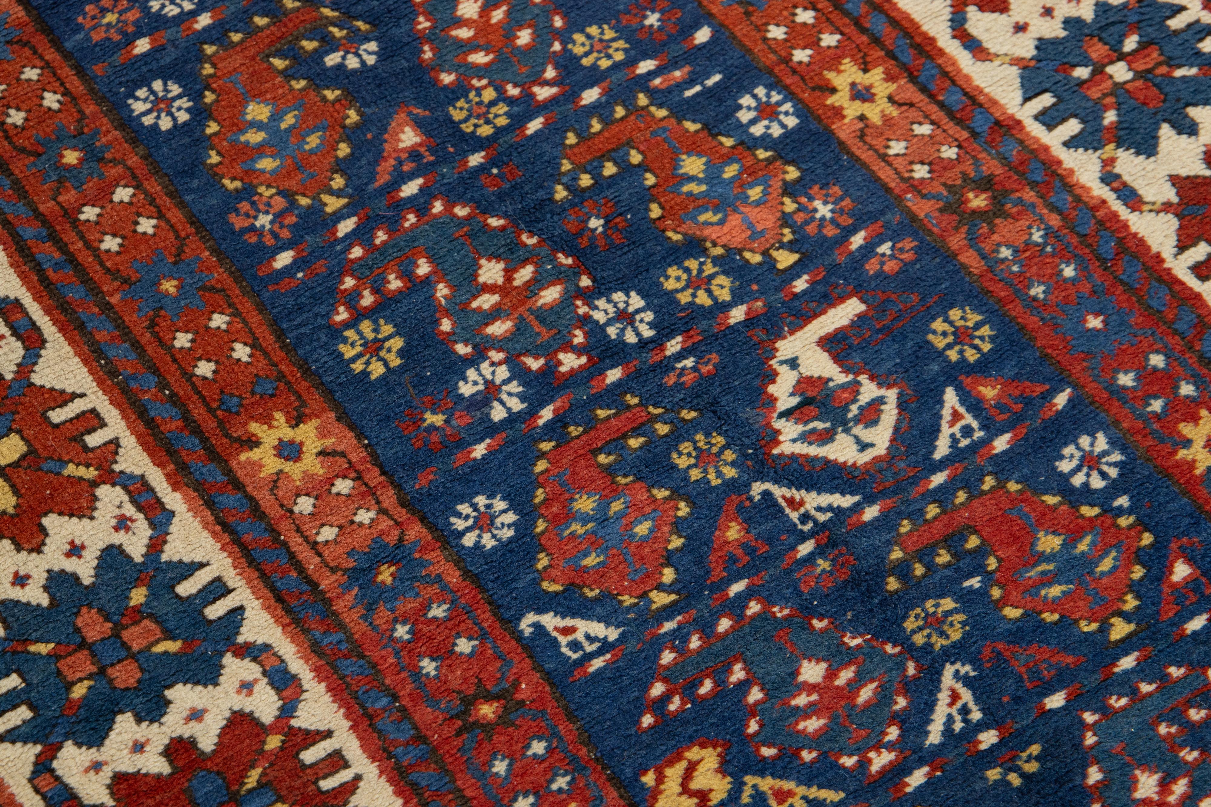 Allover Vintage Kaukasischer Kazak-Blauer Woll-Läufer im Angebot 1