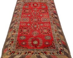 Vintage Khotan Hand-Knotted Wool Runner Rug, Red, 1960s Azerbaijan