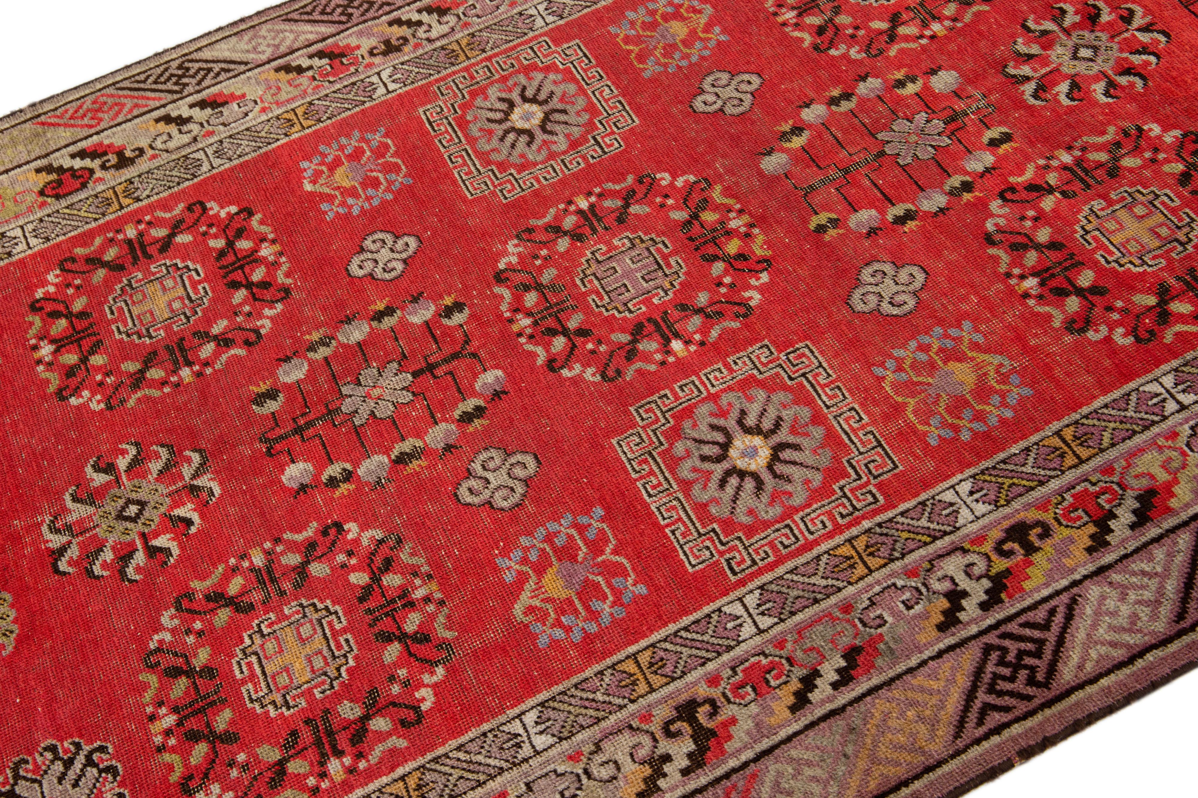 Azerbaijani Allover Vintage Khotan Wool Rug Handmade in Red For Sale