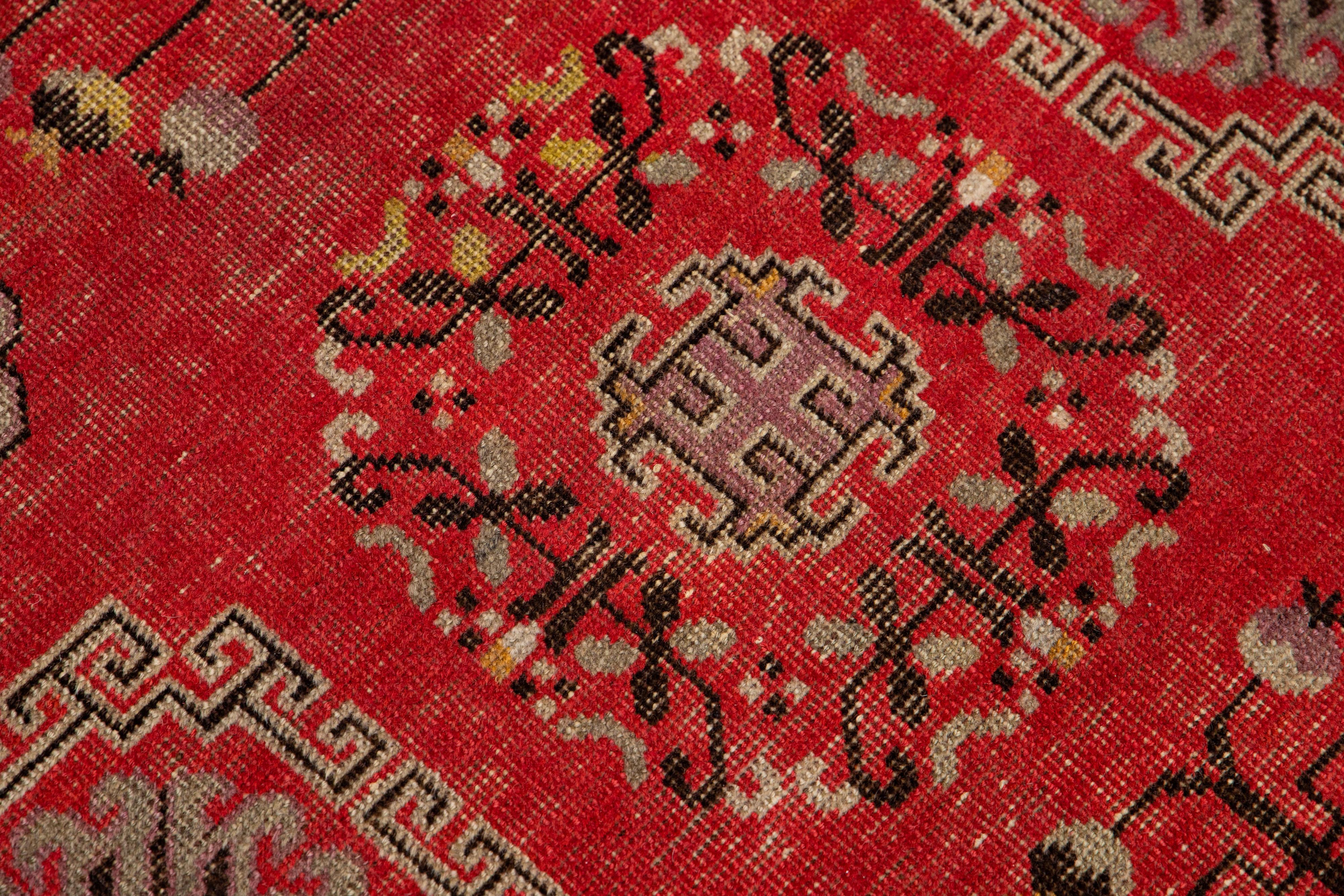 20th Century Allover Vintage Khotan Wool Rug Handmade in Red For Sale
