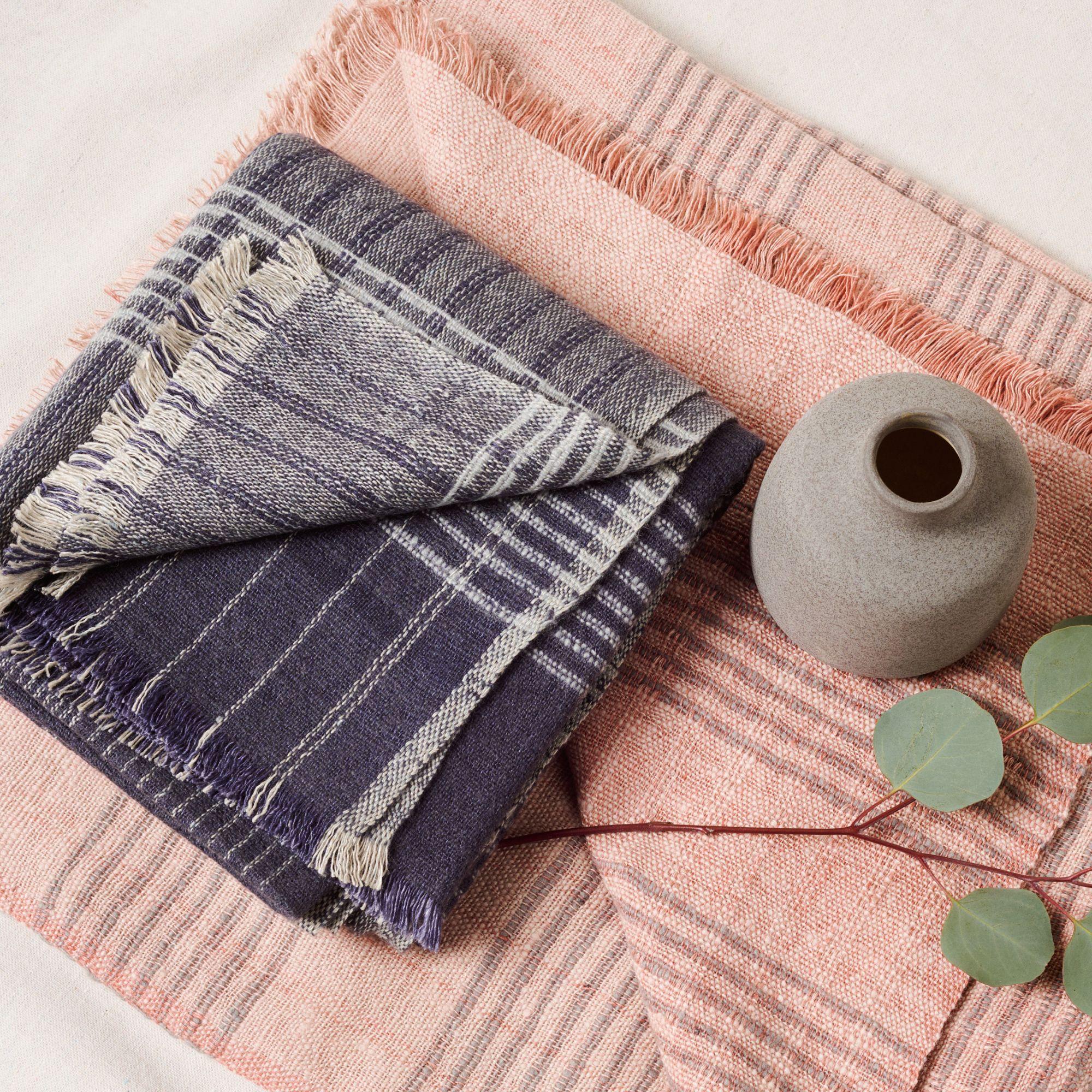 Modern Alloy Navy Stripes Pattern Soft Merino Linen Handloom Throw For Sale