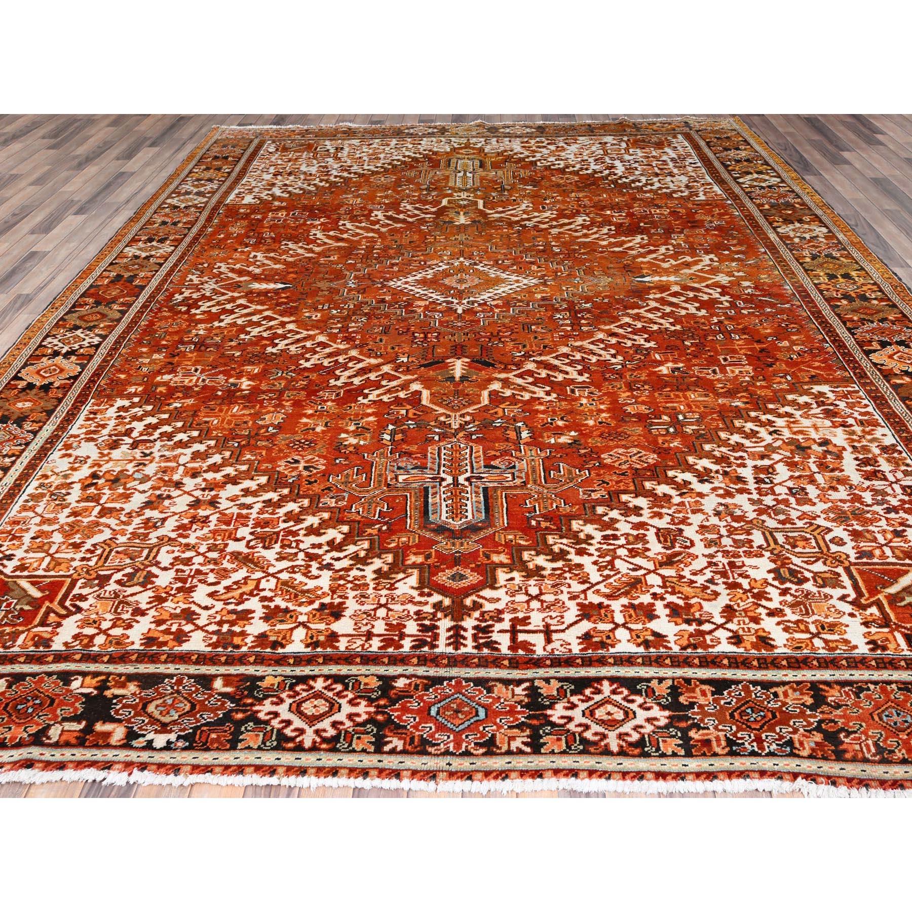 Hand-Knotted Alloy Orange Vntage Persian Heriz Rustic Feel Worn Wool Hand Knotted Rug For Sale