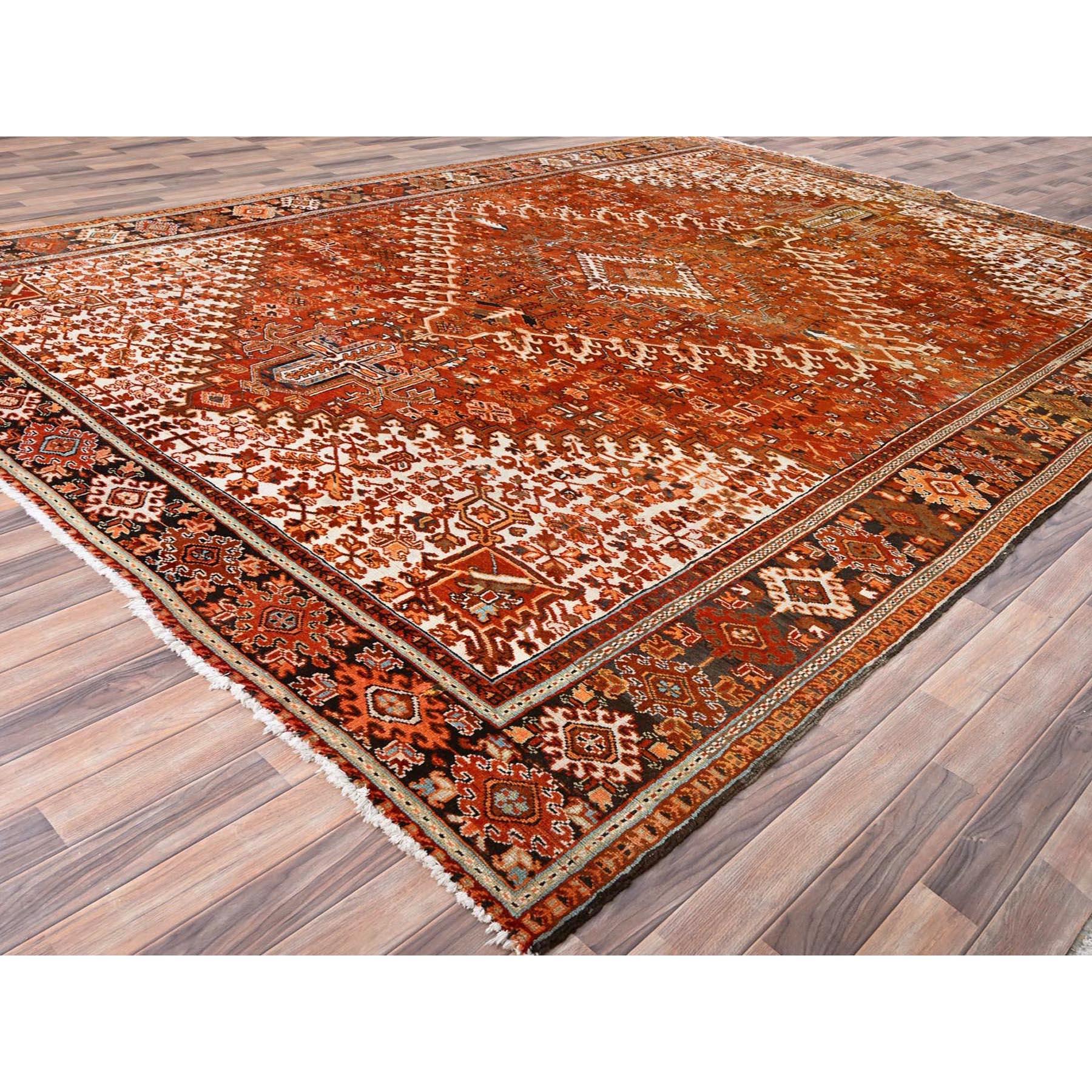 Alloy Orange Vntage Persian Heriz Rustic Feel Worn Wool Hand Knotted Rug In Good Condition For Sale In Carlstadt, NJ