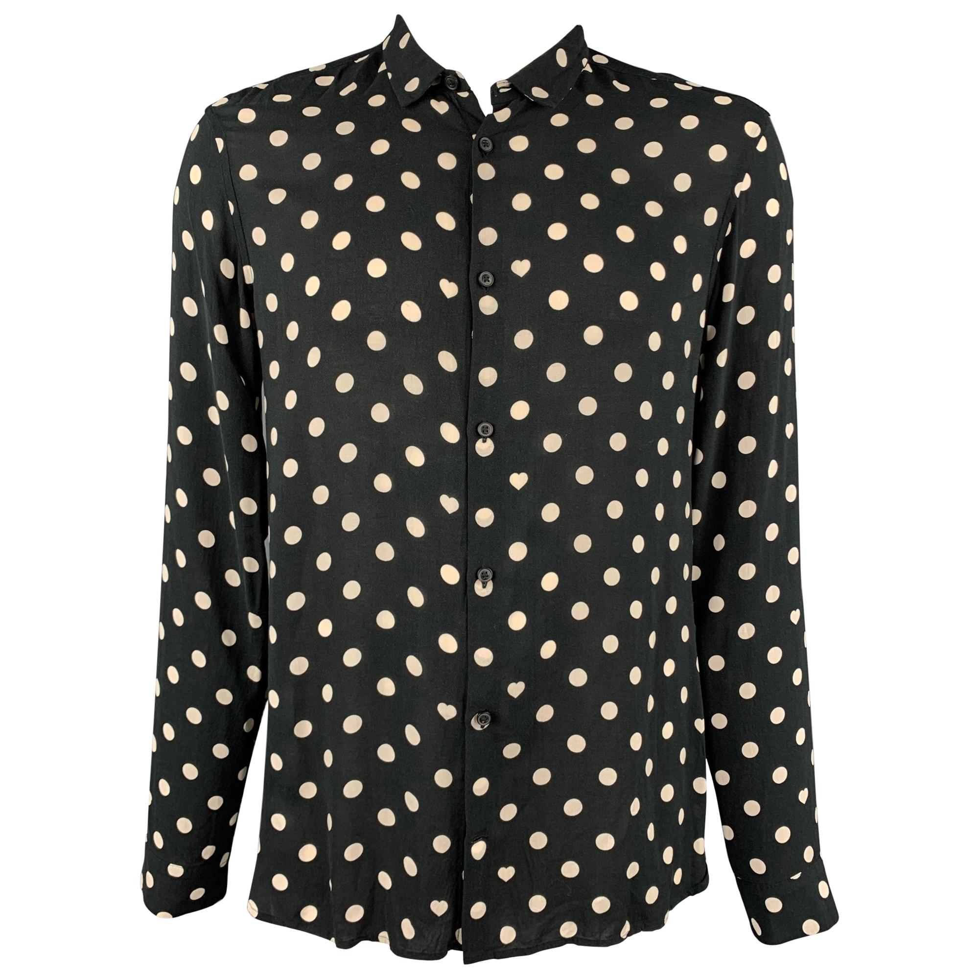 ALLSAINTS Size XL Black & White Polka Dot Viscose Button Up Long Sleeve Shirt