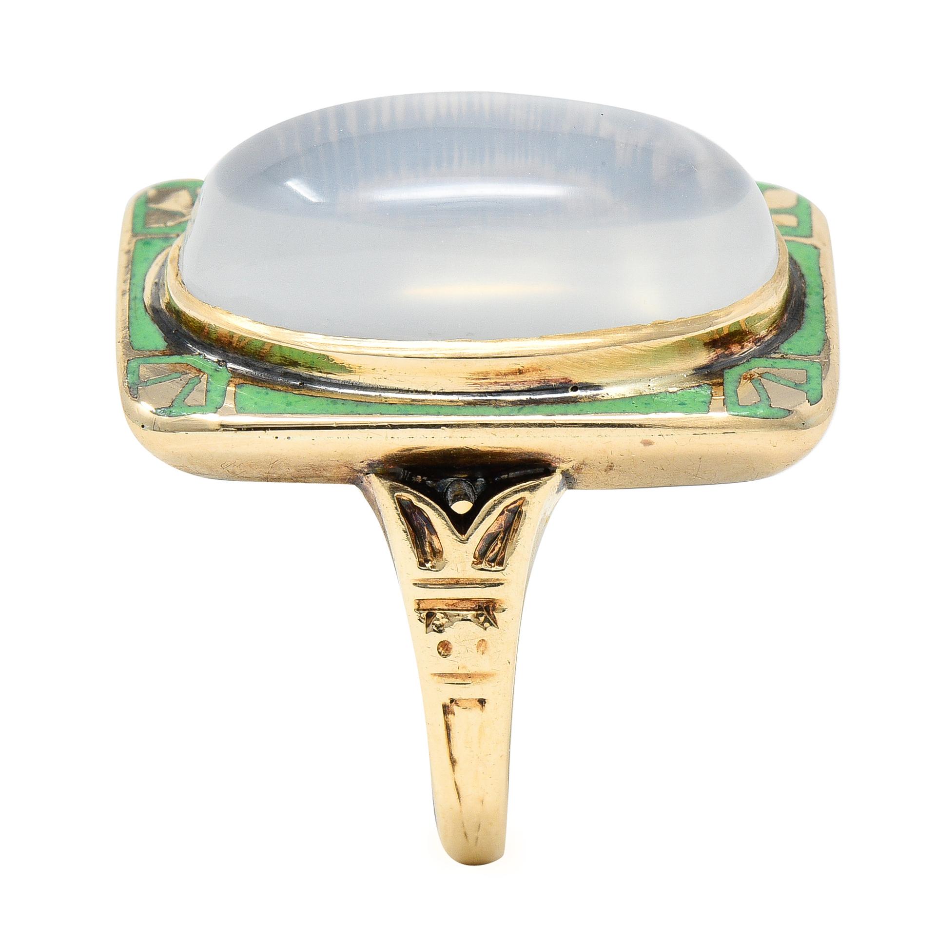 Allsop Bros, Art Nouveau Moonstone Cabochon Enamel 10 Karat Yellow Gold Ring 5