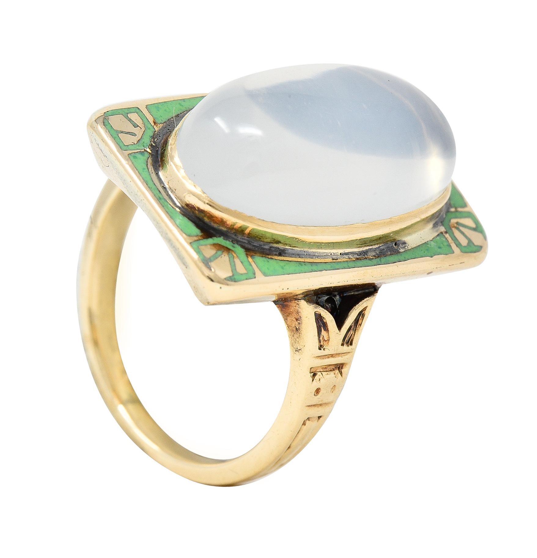 Allsop Bros, Art Nouveau Moonstone Cabochon Enamel 10 Karat Yellow Gold Ring 6