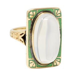 Allsop Bros, Art Nouveau Moonstone Cabochon Enamel 10 Karat Yellow Gold Ring