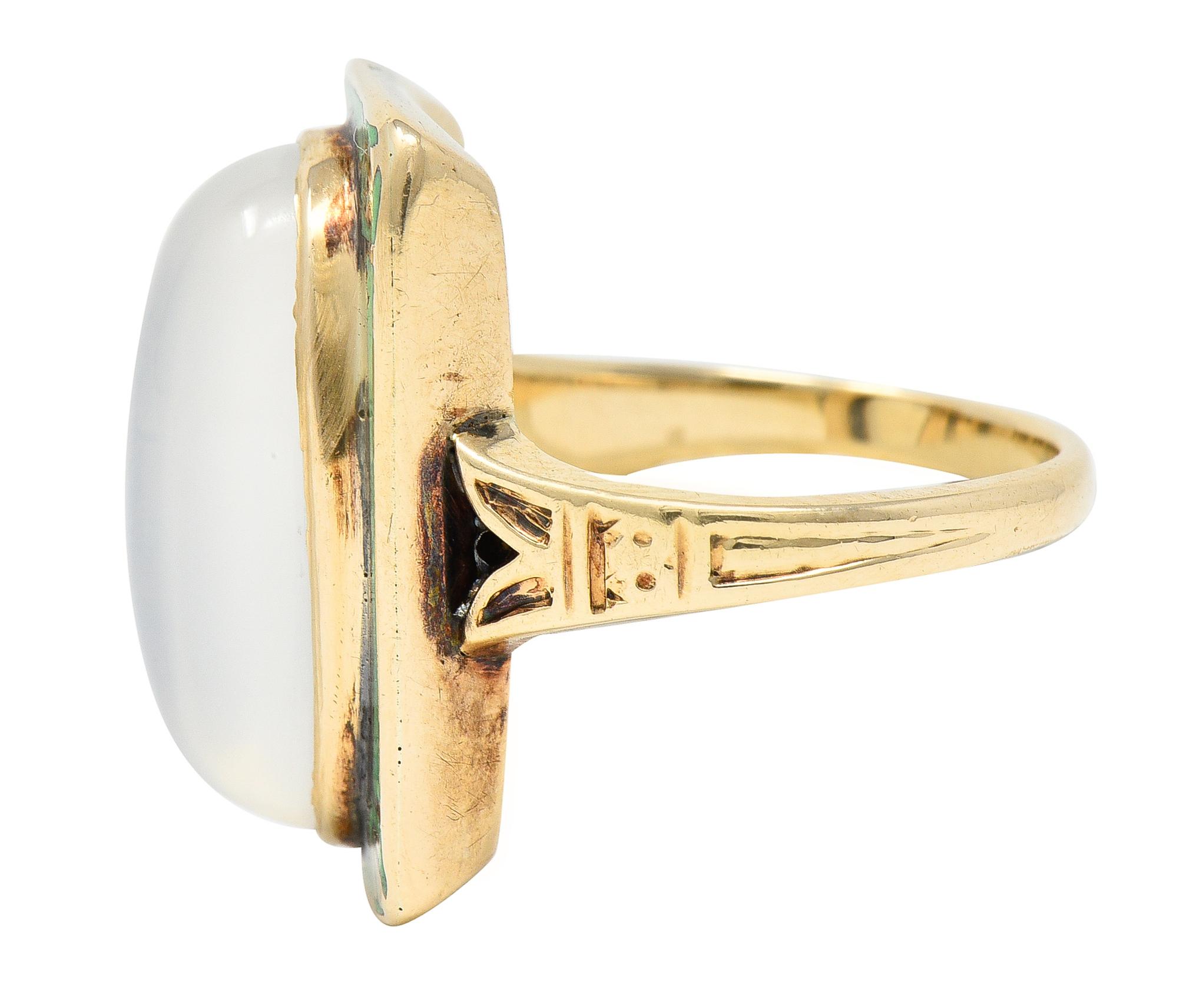 Women's or Men's Allsop Bros, Art Nouveau Moonstone Cabochon Enamel 10 Karat Yellow Gold Ring
