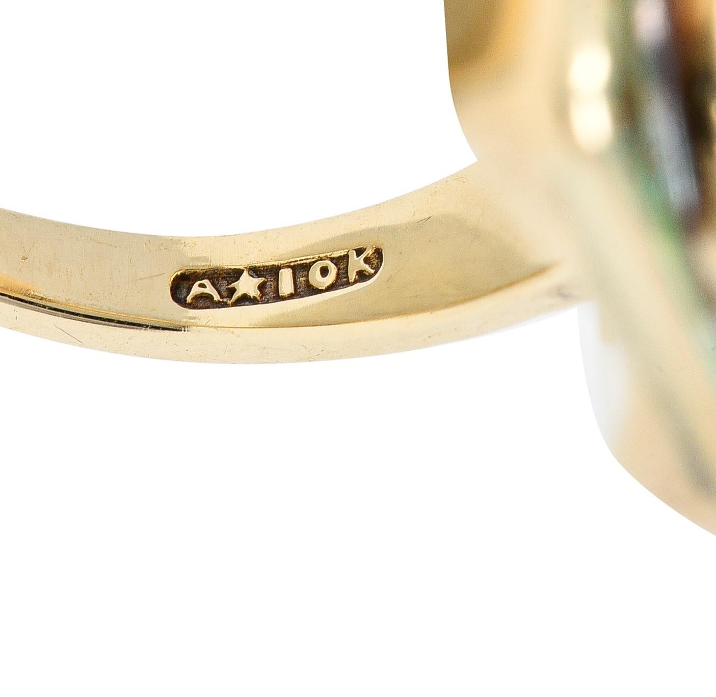 Allsop Bros, Art Nouveau Moonstone Cabochon Enamel 10 Karat Yellow Gold Ring 2