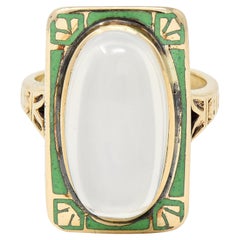 Allsop Bros, Art Nouveau Moonstone Cabochon Enamel 10 Karat Yellow Gold Ring