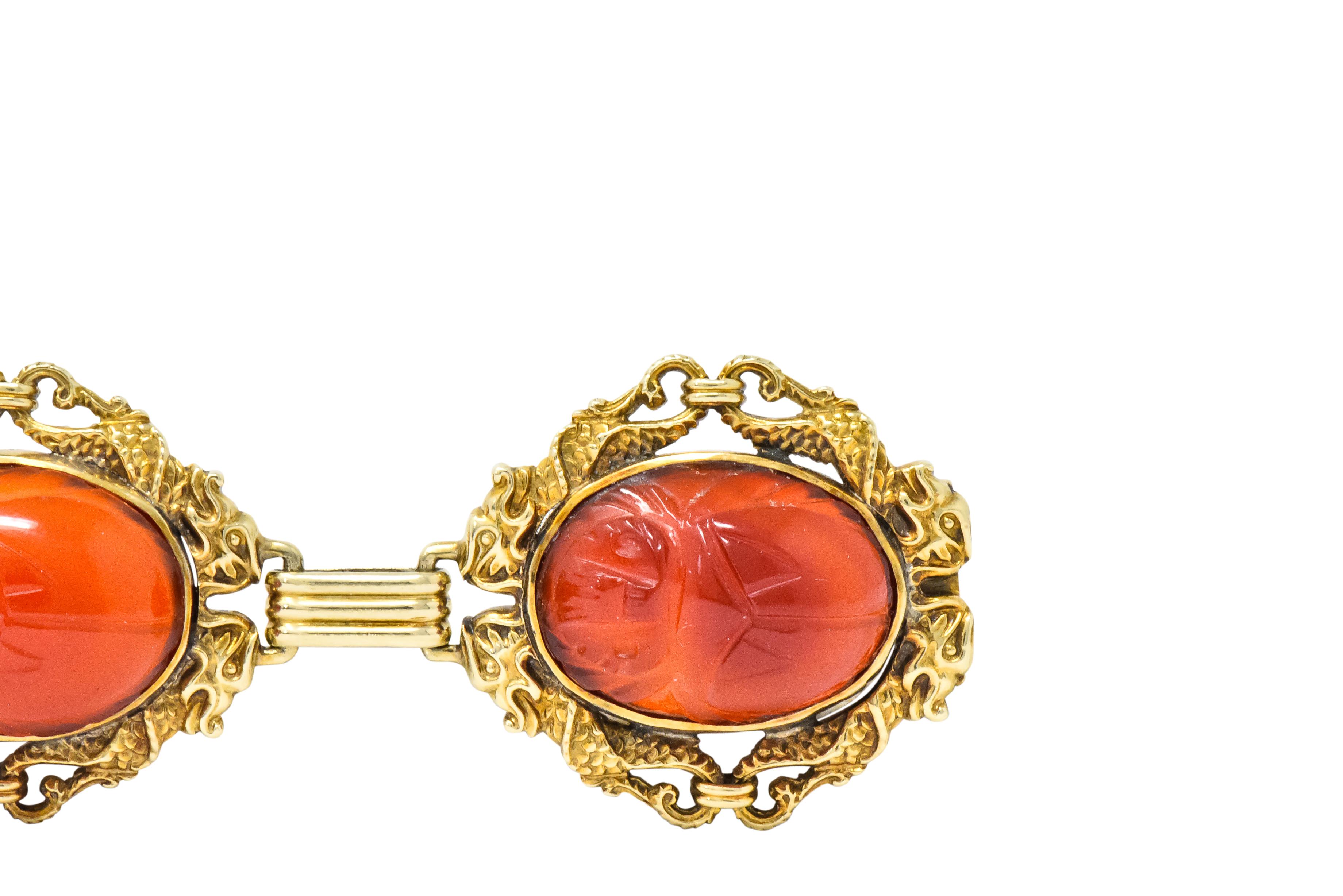 Women's or Men's Allsopp & Allsopp Art Nouveau Carnelian Scarab 14 Karat Gold Bracelet