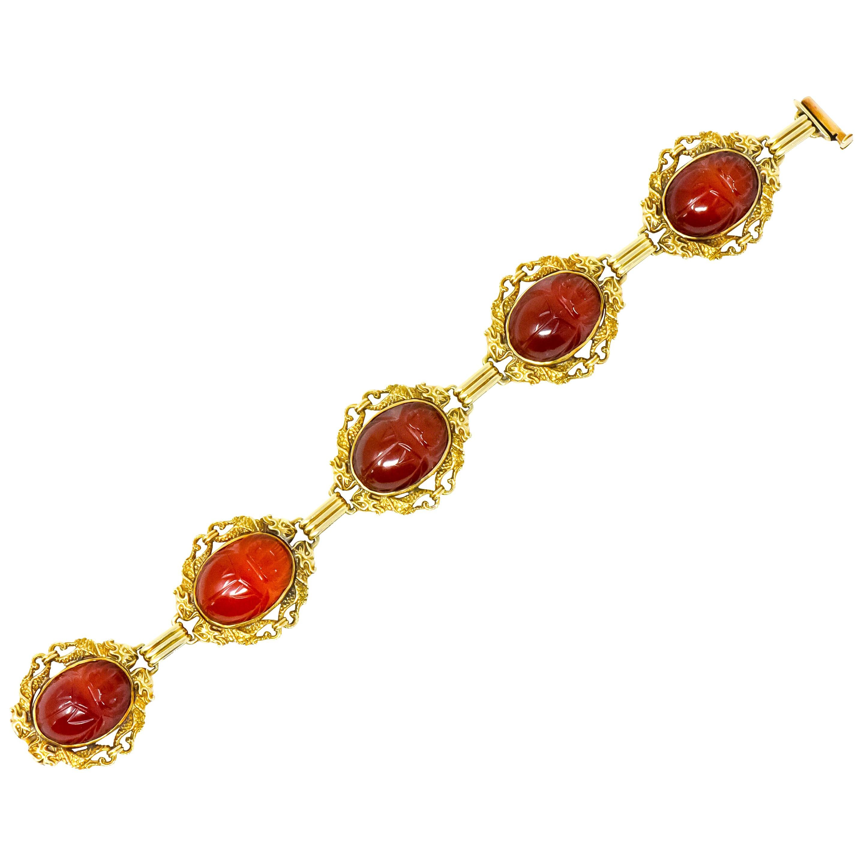 Allsopp & Allsopp Art Nouveau Carnelian Scarab 14 Karat Gold Bracelet