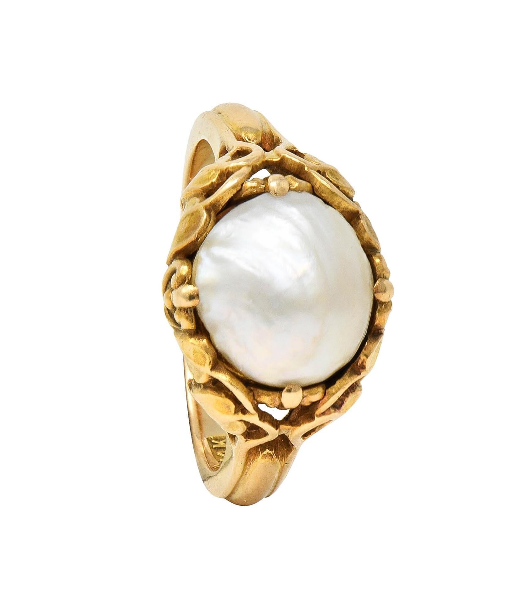 Allsopp Art Nouveau Baroque Pearl 14 Karat Yellow Gold Foliate Antique Vine Ring For Sale 5