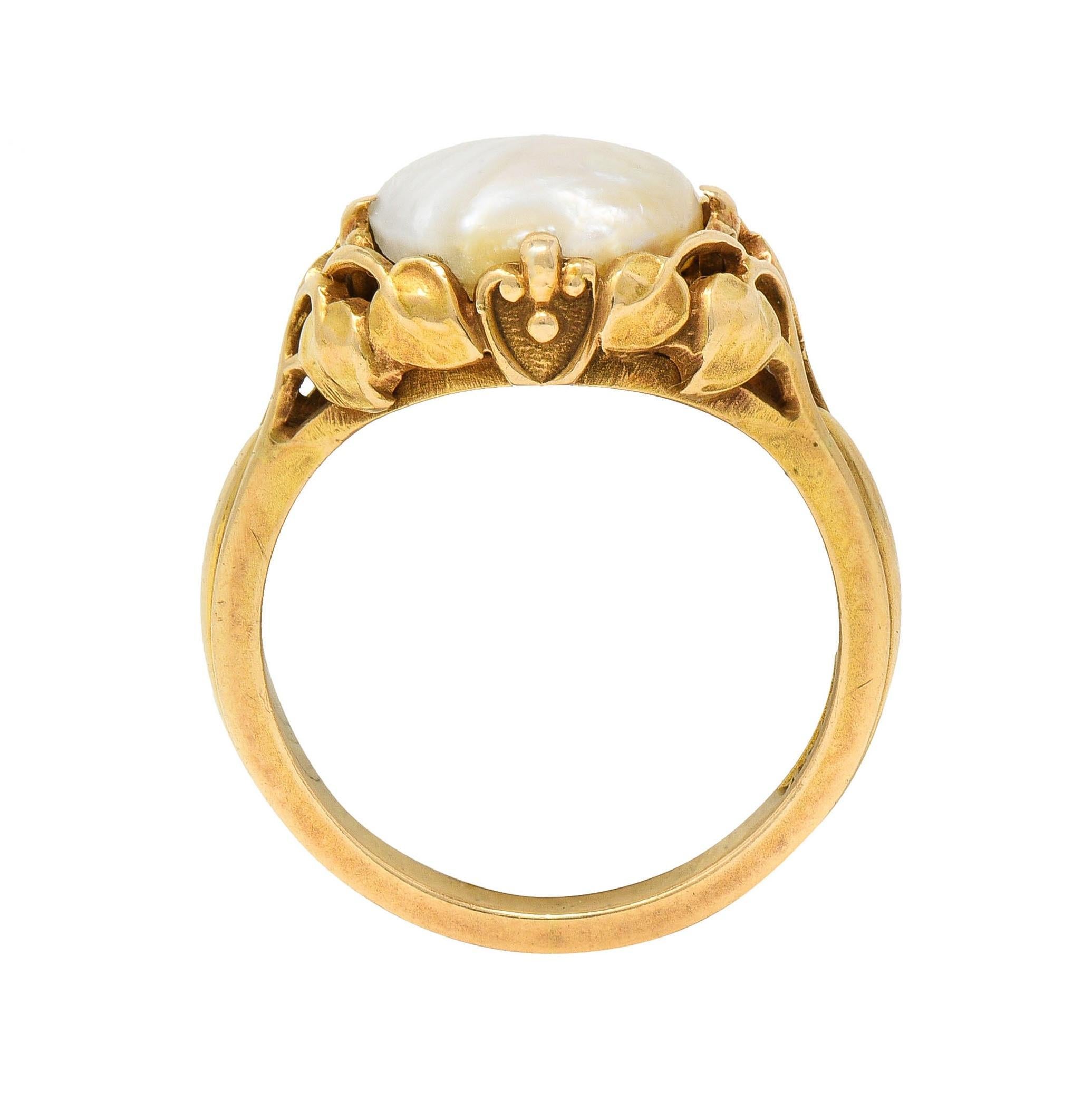 Allsopp Art Nouveau Baroque Pearl 14 Karat Yellow Gold Foliate Antique Vine Ring For Sale 6