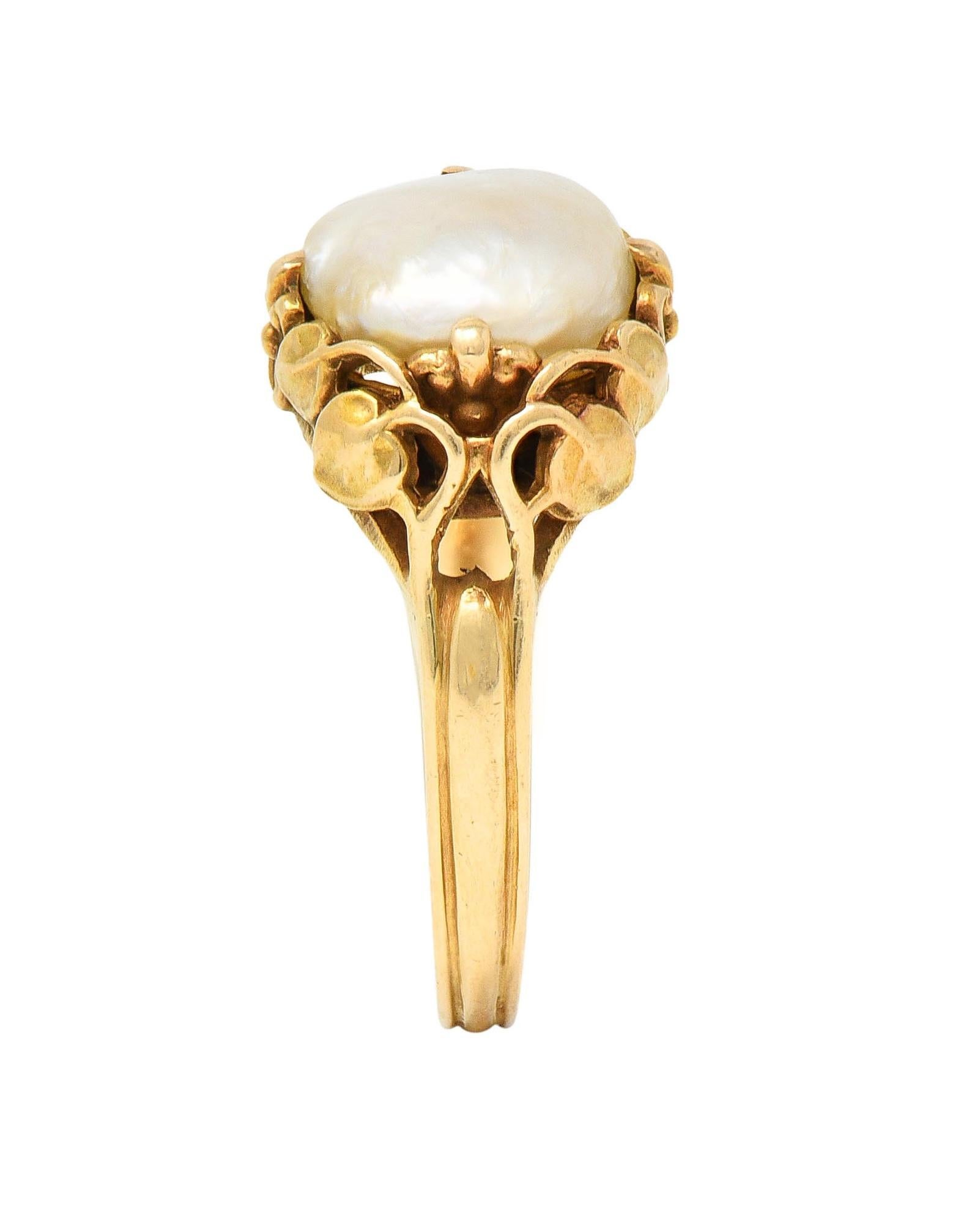 Allsopp Art Nouveau Baroque Pearl 14 Karat Yellow Gold Foliate Antique Vine Ring For Sale 7