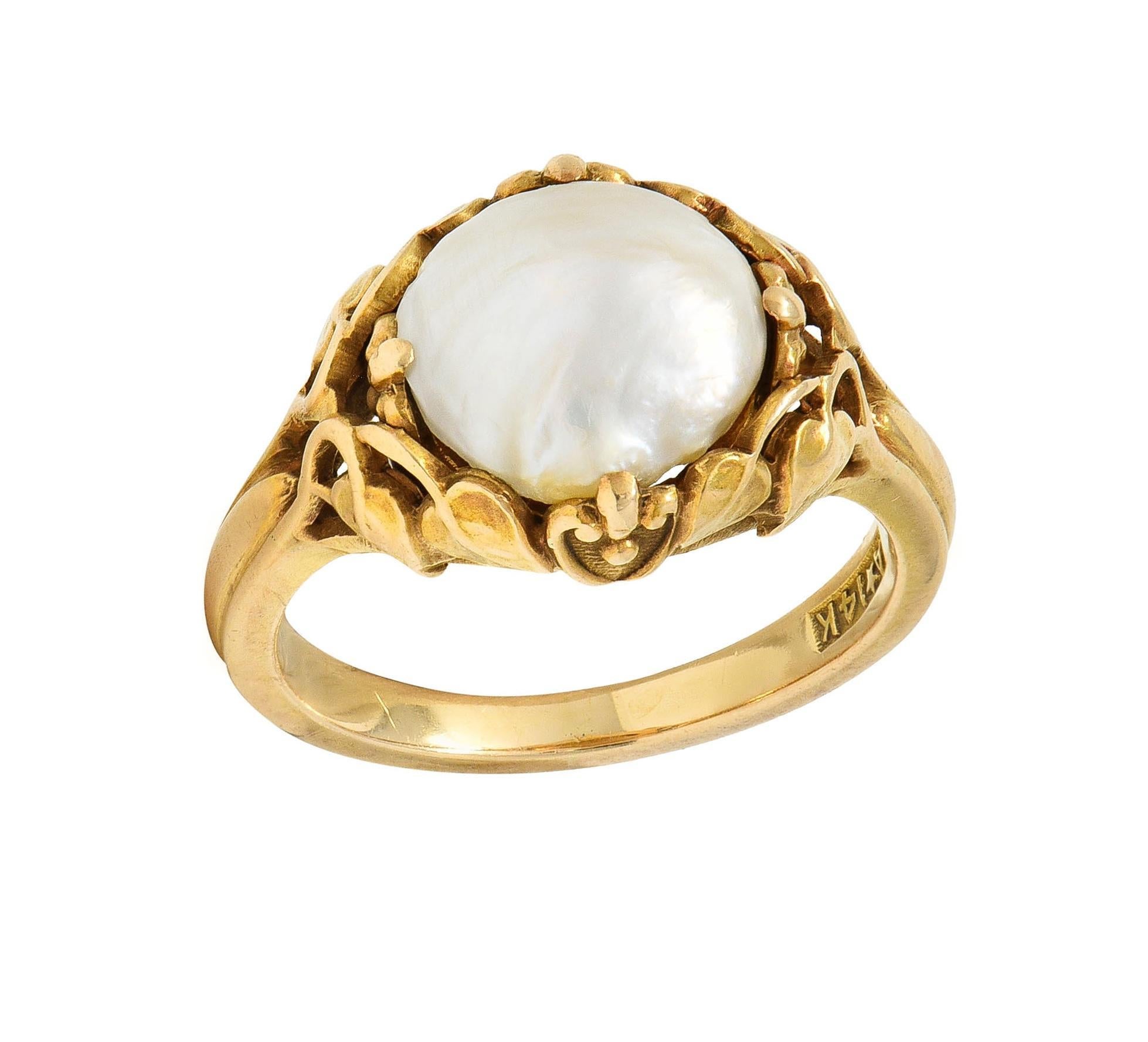 Allsopp Art Nouveau Baroque Pearl 14 Karat Yellow Gold Foliate Antique Vine Ring For Sale 8