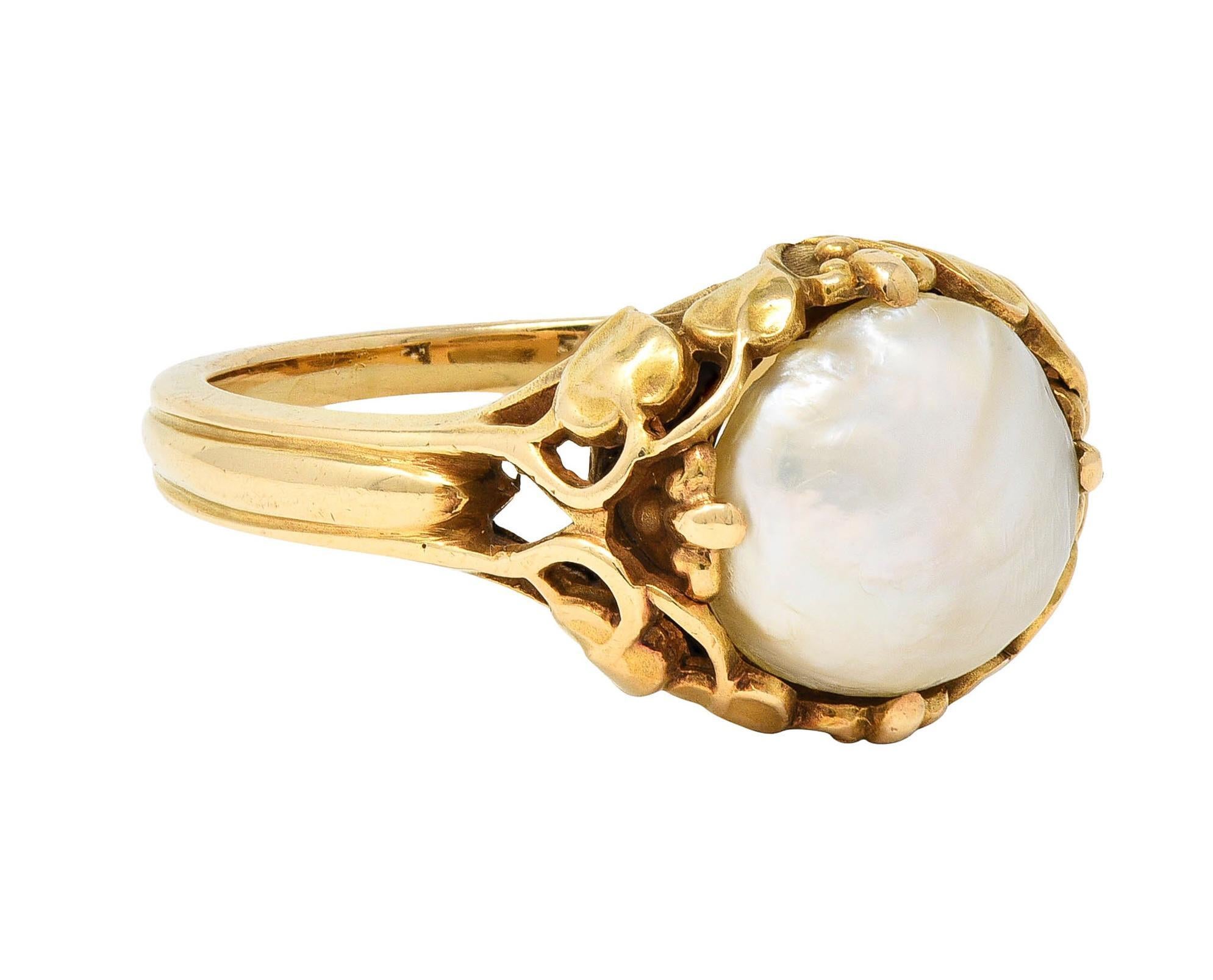 Round Cut Allsopp Art Nouveau Baroque Pearl 14 Karat Yellow Gold Foliate Antique Vine Ring For Sale