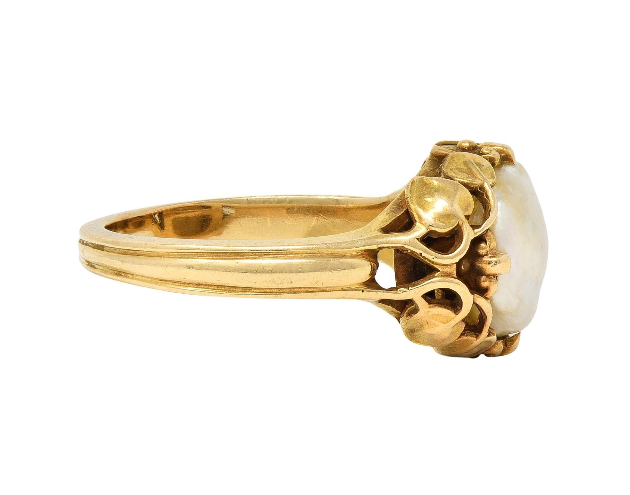 Women's or Men's Allsopp Art Nouveau Baroque Pearl 14 Karat Yellow Gold Foliate Antique Vine Ring For Sale