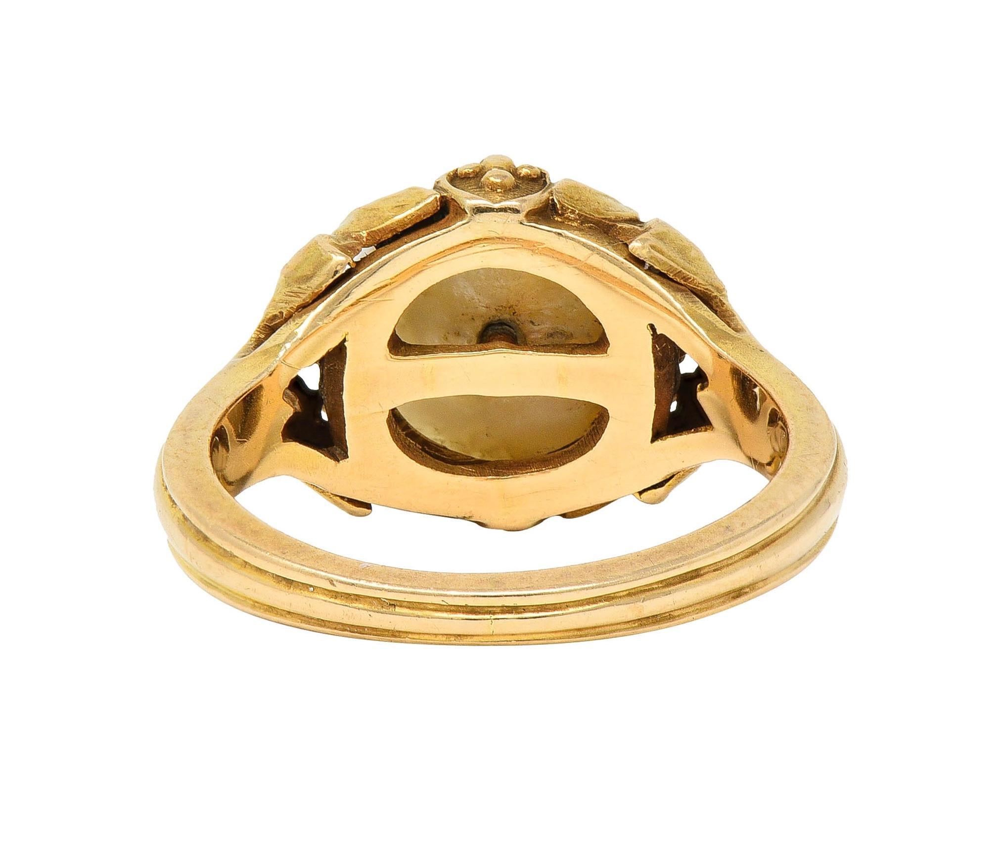 Allsopp Art Nouveau Baroque Pearl 14 Karat Yellow Gold Foliate Antique Vine Ring For Sale 1