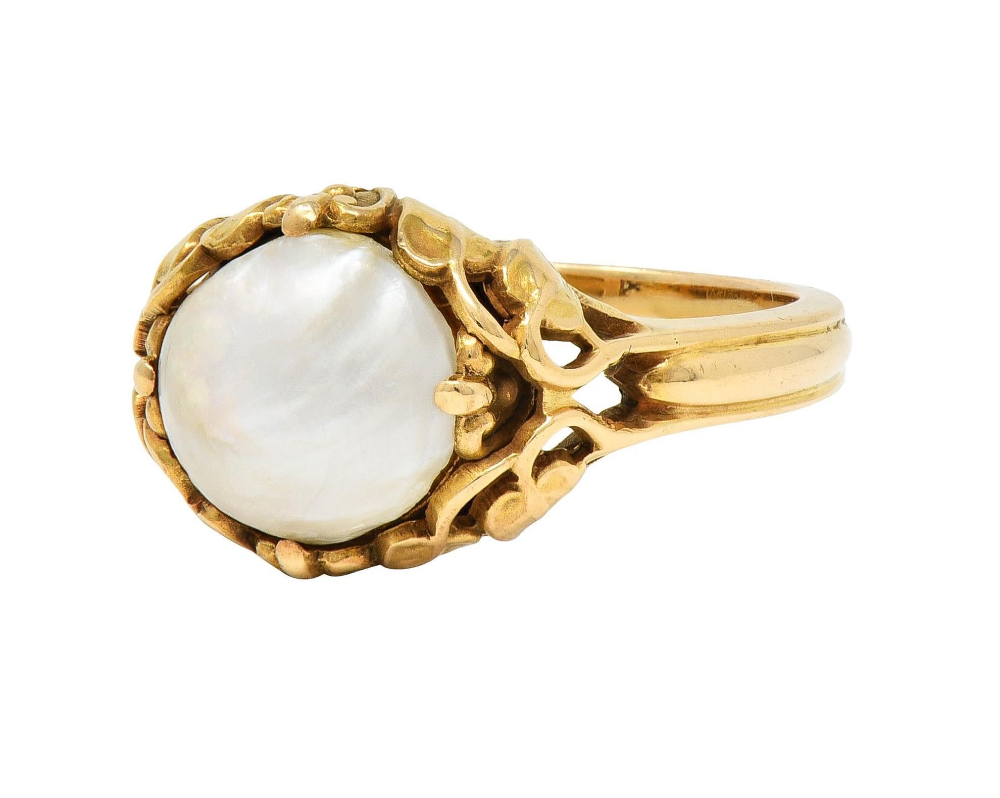 Allsopp Art Nouveau Baroque Pearl 14 Karat Yellow Gold Foliate Antique Vine Ring For Sale 3