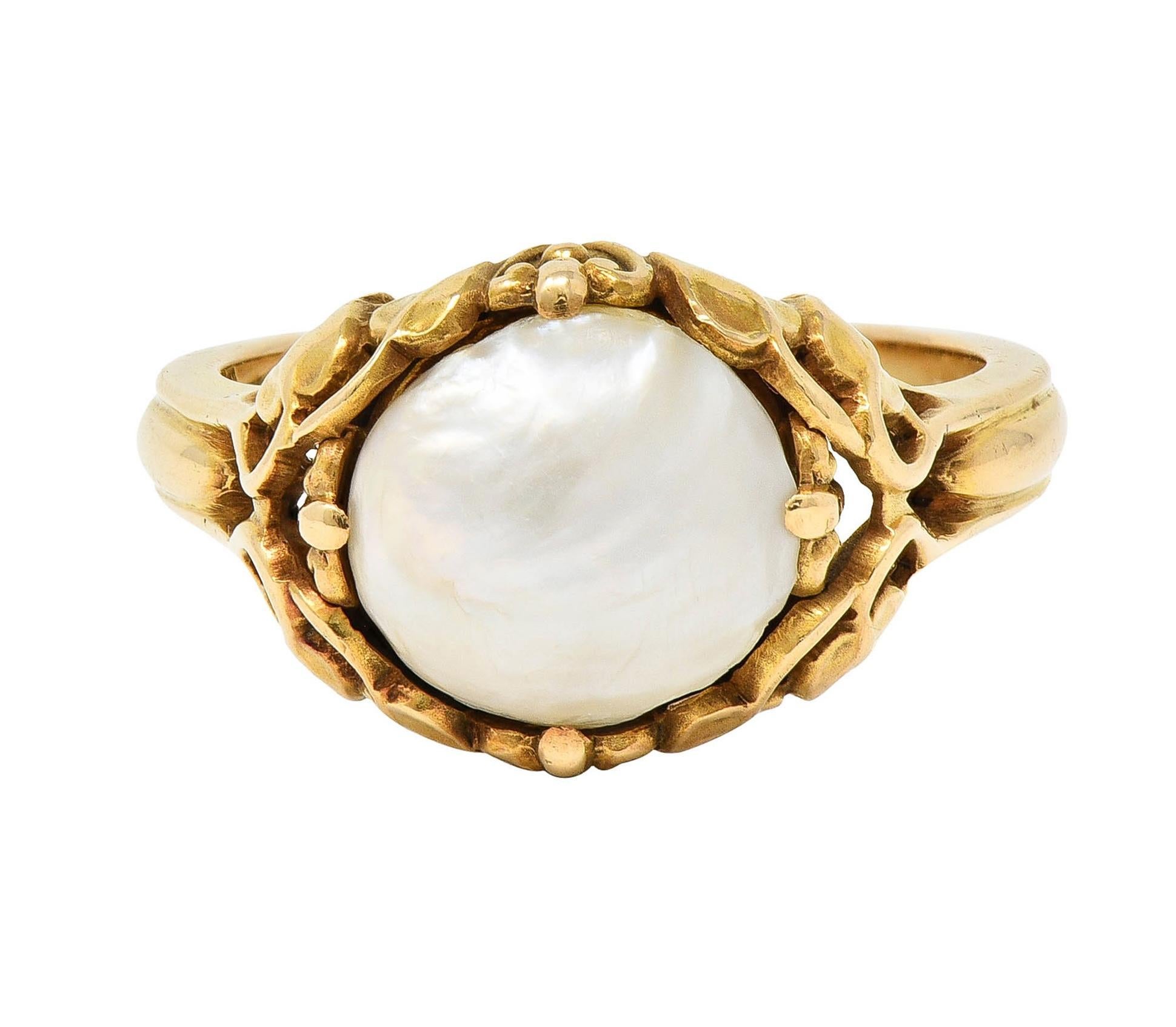 Allsopp Art Nouveau Baroque Pearl 14 Karat Yellow Gold Foliate Antique Vine Ring For Sale