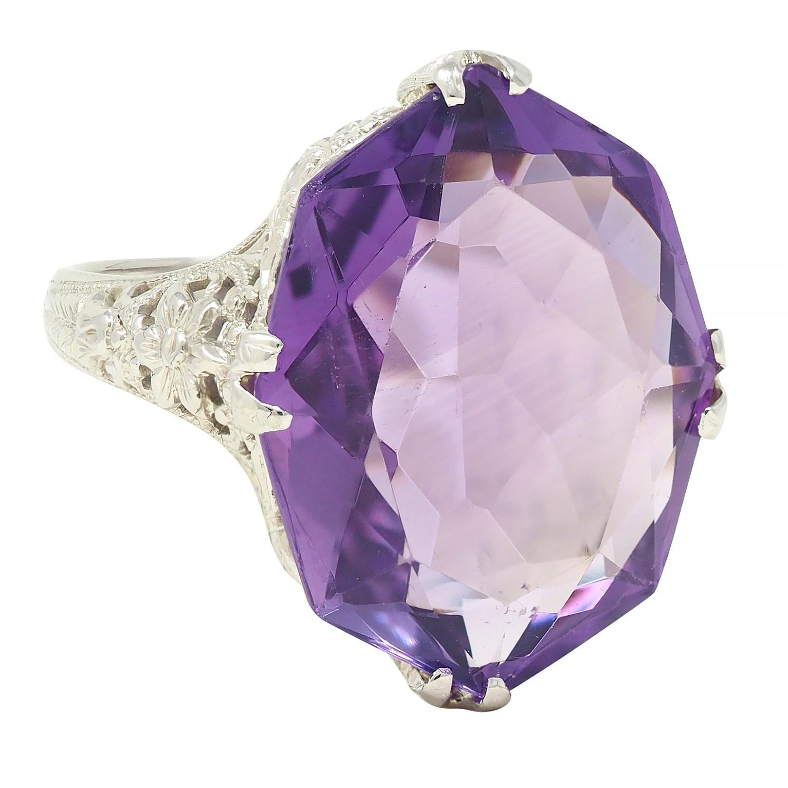 Round Cut Allsopp Bros. Art Deco Amethyst 18 Karat White Gold Vintage Orange Blossom Ring