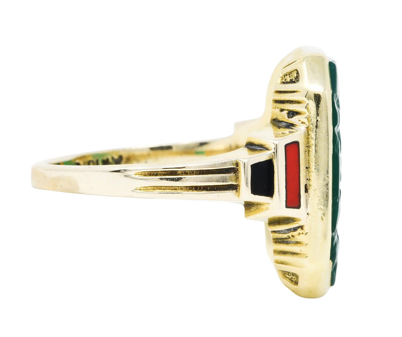 Square Cut Allsopp Bros. Art Deco Chrysoprase Enamel 10 Karat Gold Carved Floral Ring