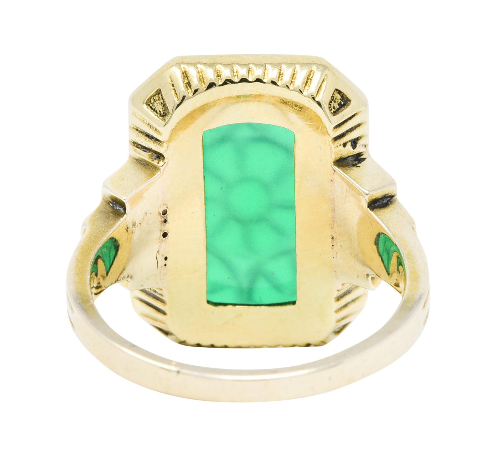 Allsopp Bros. Art Deco Chrysoprase Enamel 10 Karat Gold Carved Floral Ring In Excellent Condition In Philadelphia, PA