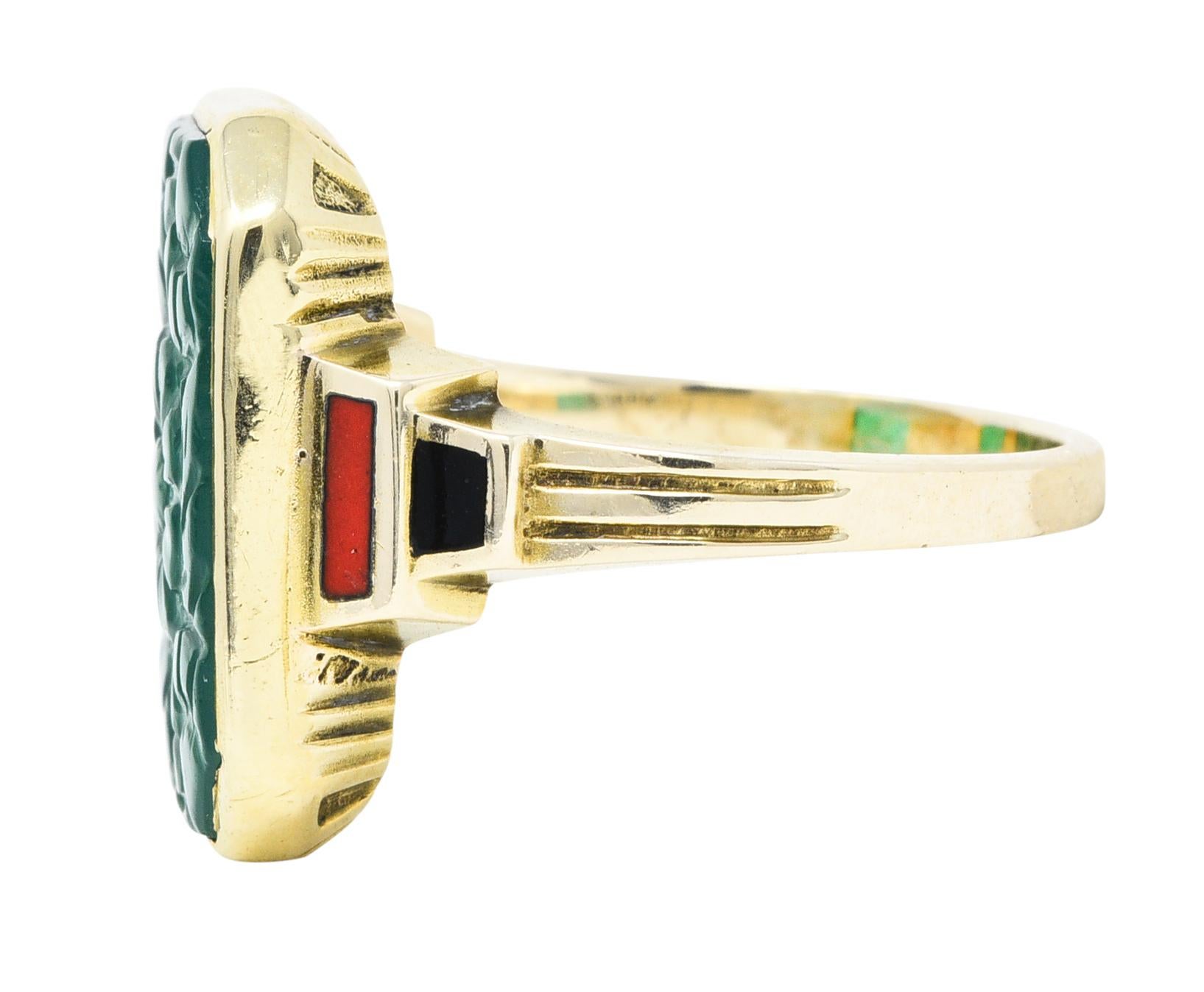 Women's or Men's Allsopp Bros. Art Deco Chrysoprase Enamel 10 Karat Gold Carved Floral Ring