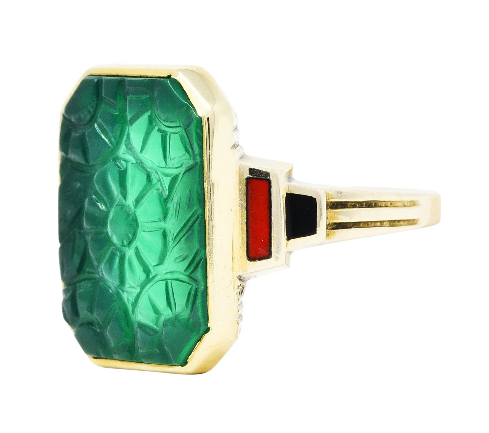 Allsopp Bros. Art Deco Chrysoprase Enamel 10 Karat Gold Carved Floral Ring 1