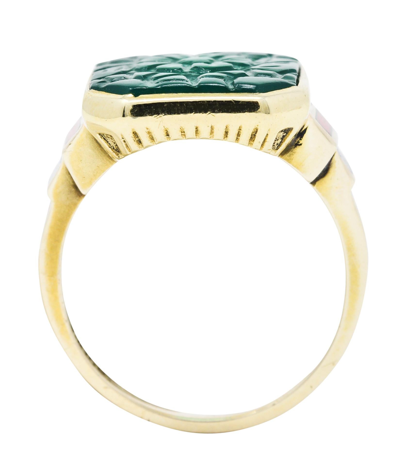 Allsopp Bros. Art Deco Chrysoprase Enamel 10 Karat Gold Carved Floral Ring 3