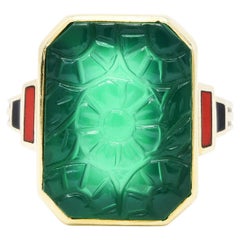 Antique Allsopp Bros. Art Deco Chrysoprase Enamel 10 Karat Gold Carved Floral Ring