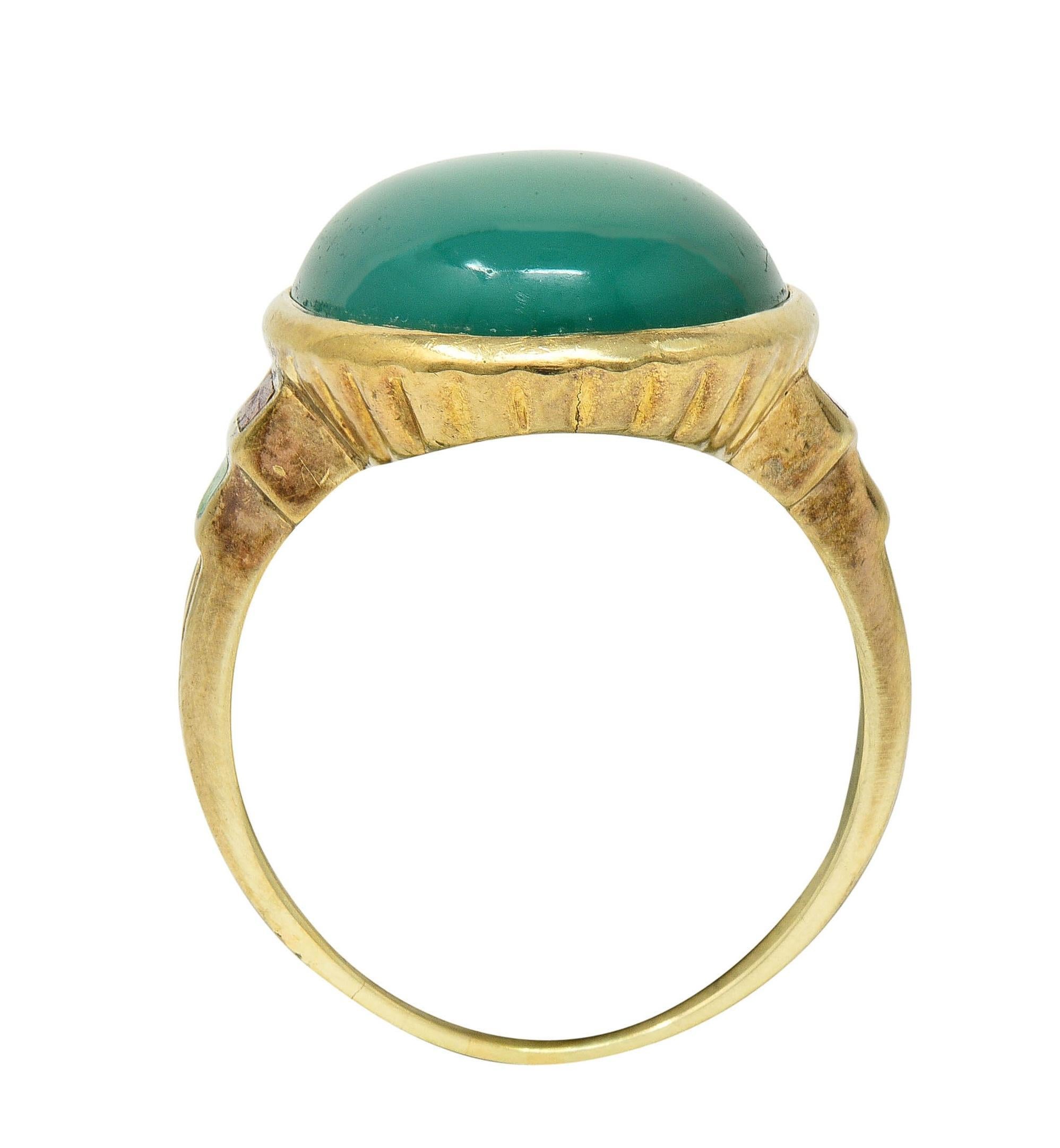 Allsopp Bros. Art Deco Chrysoprase Enamel 14 Karat Yellow Gold Antique Ring For Sale 5