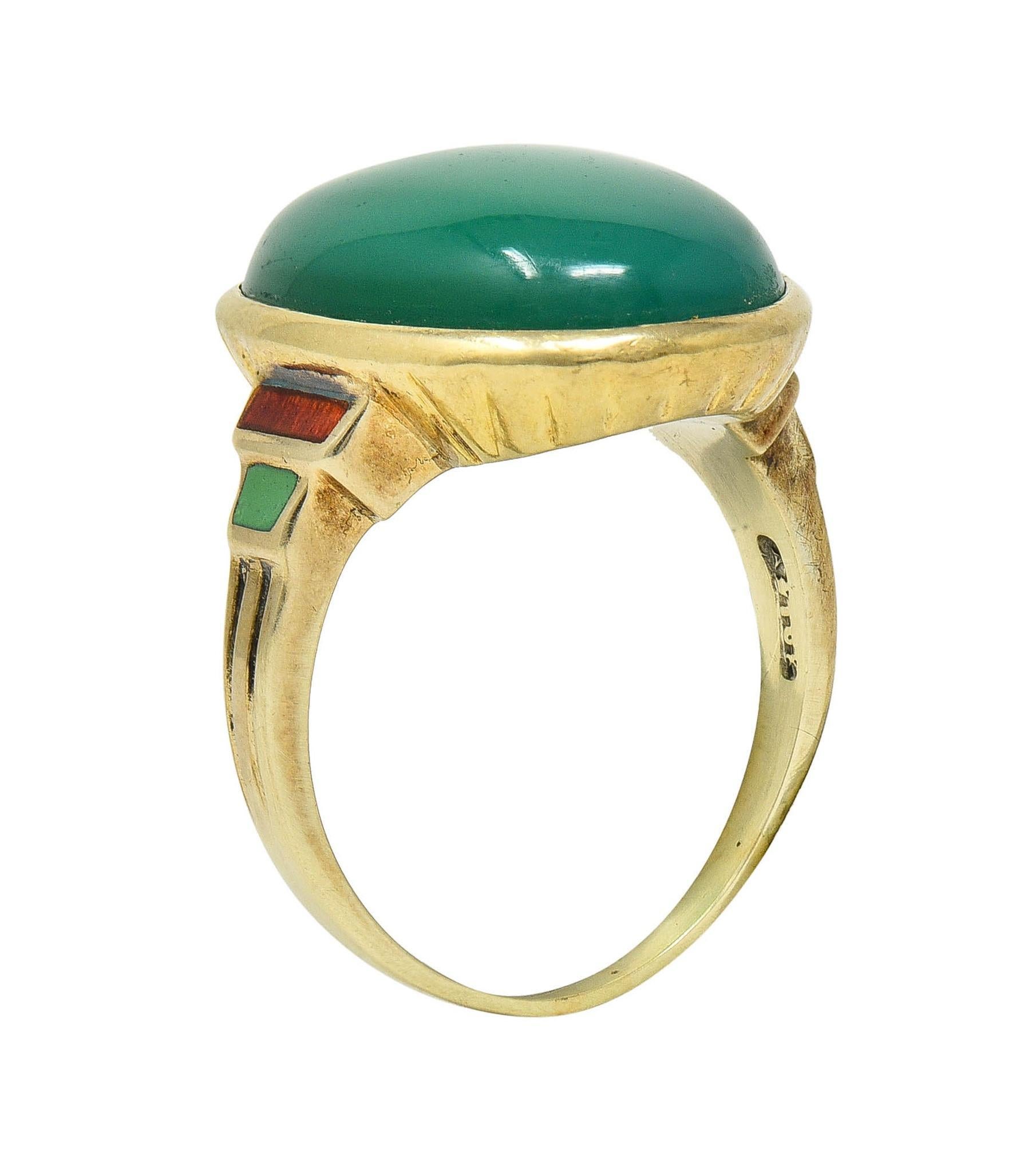 Allsopp Bros. Art Deco Chrysoprase Enamel 14 Karat Yellow Gold Antique Ring For Sale 6