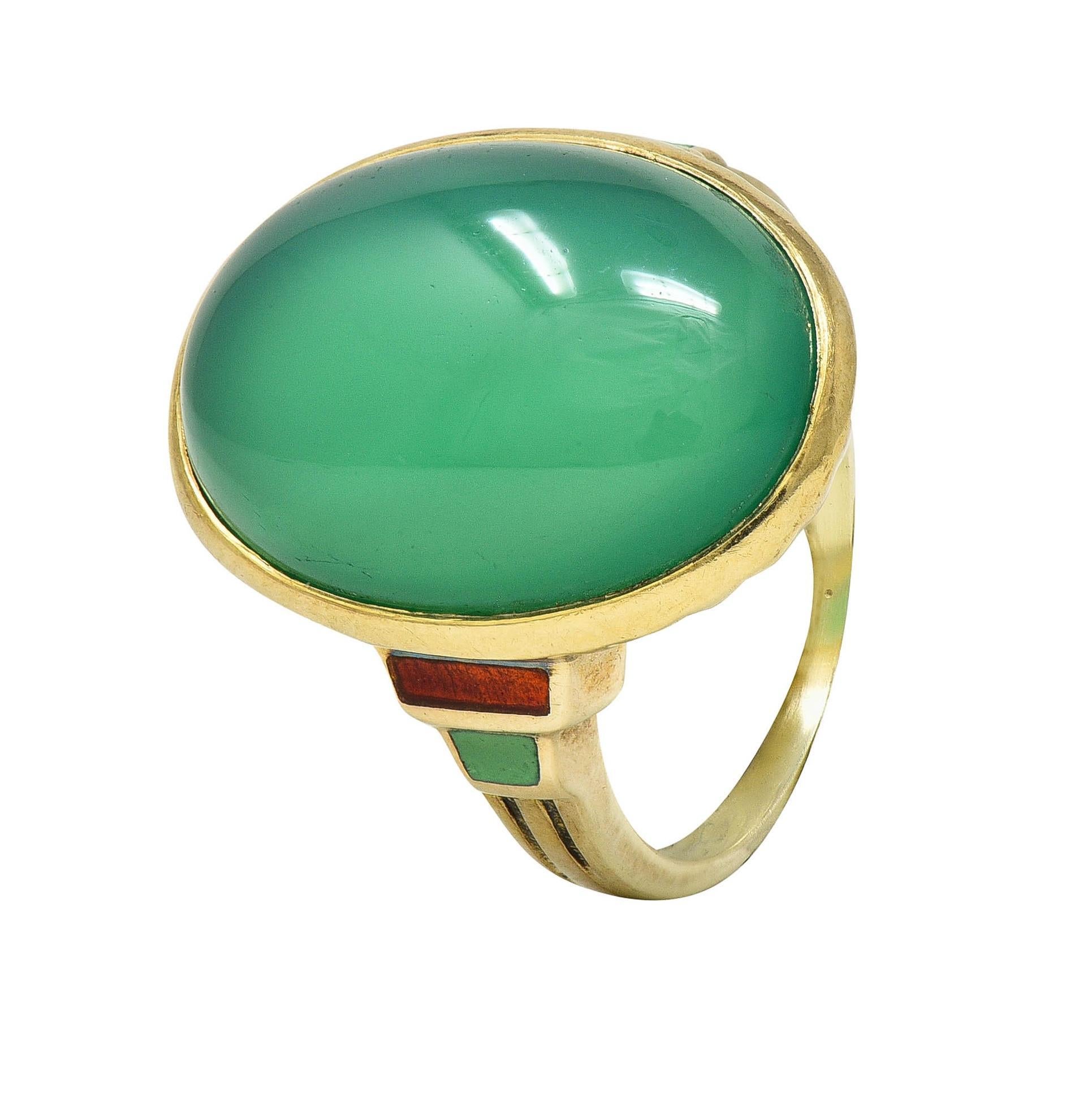 Allsopp Bros. Art Deco Chrysoprase Enamel 14 Karat Yellow Gold Antique Ring For Sale 7