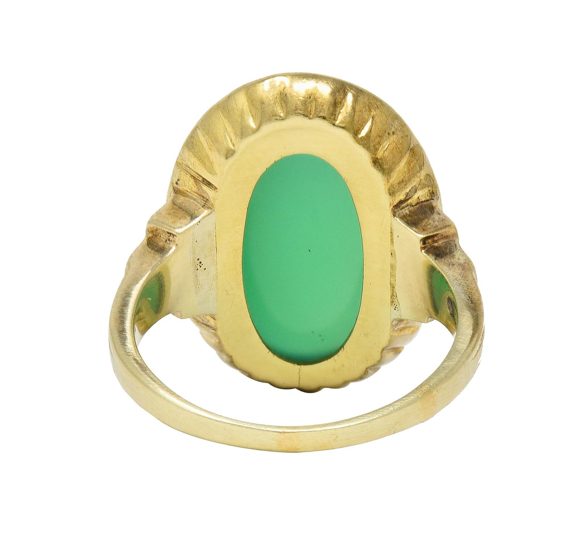 Allsopp Bros. Art Deco Chrysoprase Enamel 14 Karat Yellow Gold Antique Ring In Excellent Condition For Sale In Philadelphia, PA